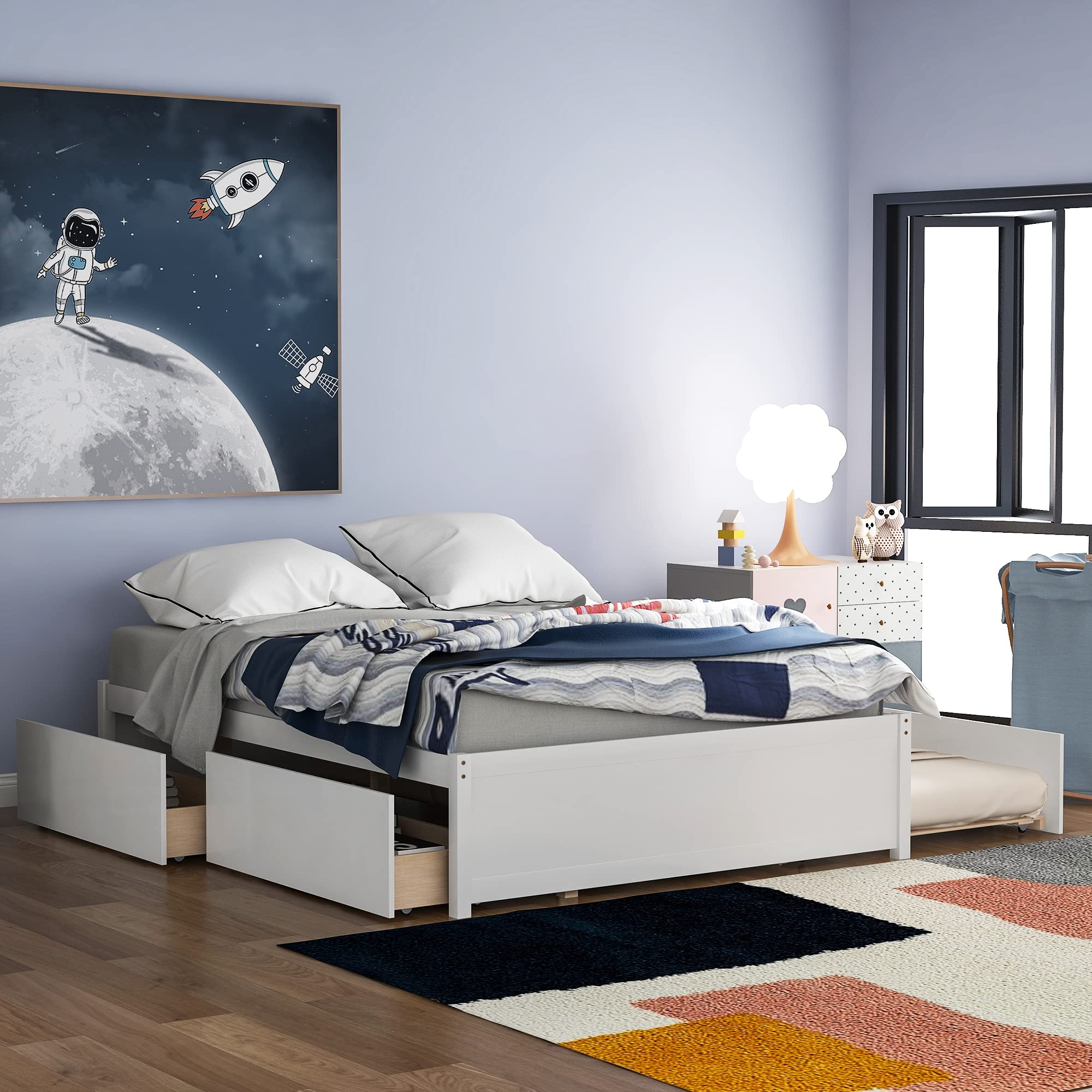 MERITLINE Full Size Wood Platform Bed Frame with Storage Drawers & Trundle - Space Saving Captain Bed for Kids, Teens & Adults - No Box Spring Needed - White - Perfect for Small Bedrooms, Guest Rooms & Dormitories