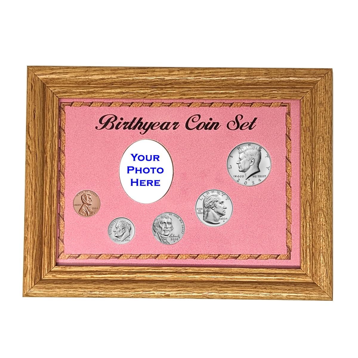 2024 Birth Year Coin Set in Oak Picture Frame - Uncirculated Collectible Coins with Pink Background Holder | Perfect Gift for Newborns, Christening, Baby Showers & First Birthday Presents