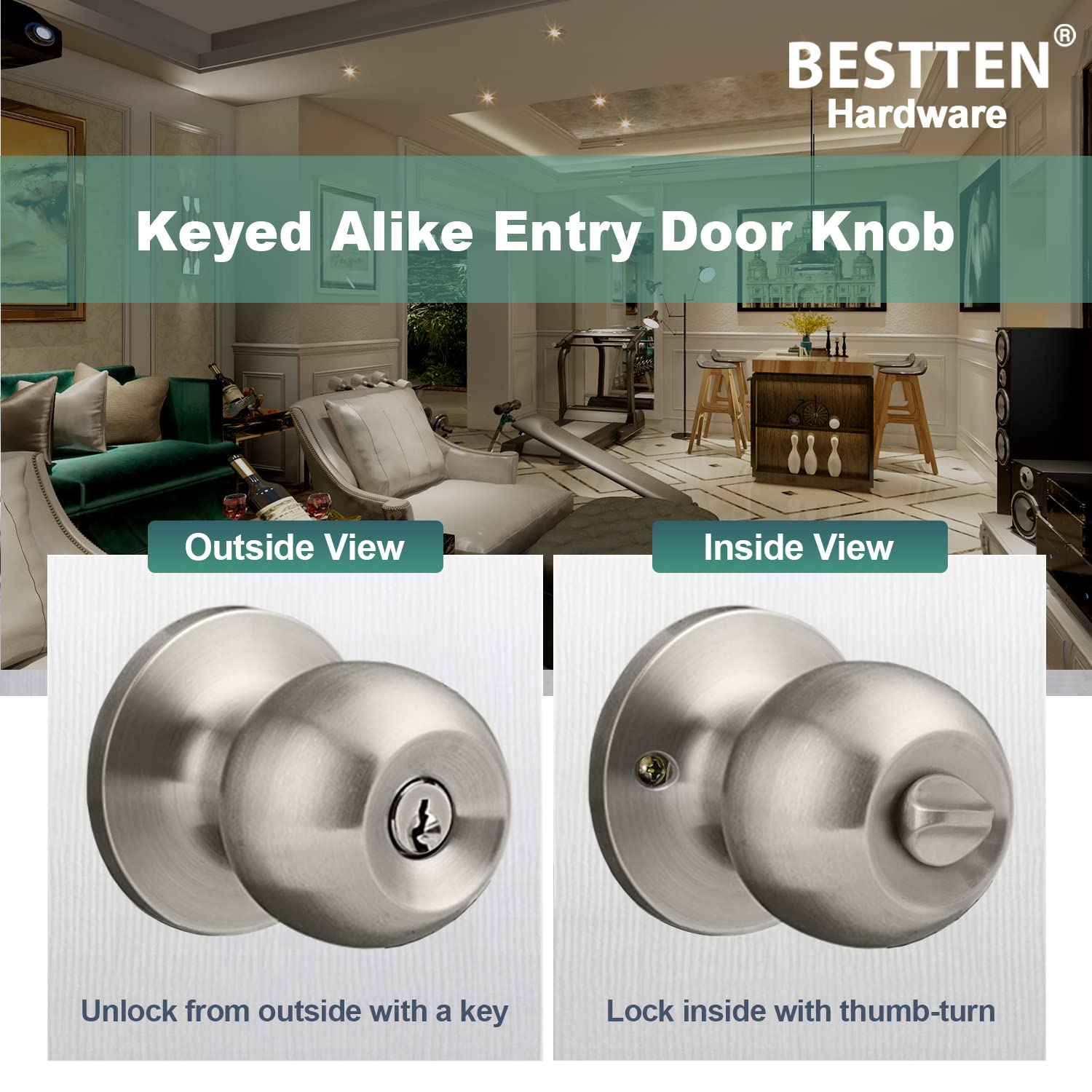 BESTTEN [2 Pack] Keyed Alike Entry Door Knob Set - Exterior & Interior Ball Door Knob with Lock & Key, Adjustable Latch, Satin Nickel Finish - Perfect for Homes, Apartments & Offices