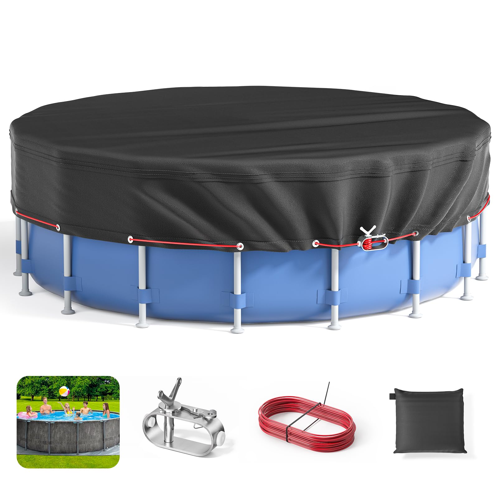 8Ft Round Pool Cover for Above Ground & Inflatable Pools - Heavy Duty Waterproof Dustproof Cover with Reinforced Steel Rope for Enhanced Stability - Perfect for Winter Protection, Summer Maintenance, and Year-Round Pool Safety