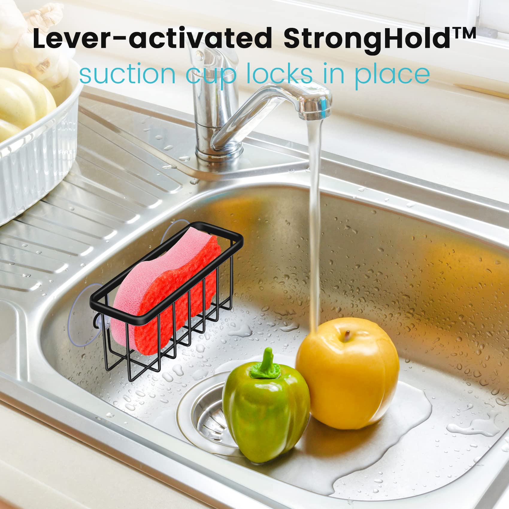 Stainless Steel Kitchen Sink Sponge Holder with Strong Suction - Black Dish Sponge Caddy for Organizing Cleaning Supplies | Perfect for Small Kitchens, RVs & Apartments