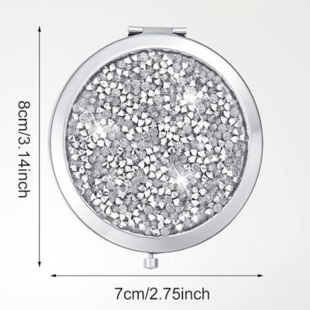 Silver Compact Mirror with 1x/2x Magnification - Double-Sided Folding Travel Makeup Mirror with Diamond Design | Perfect for Purse, Cosmetic Touch-Ups & Gift Giving