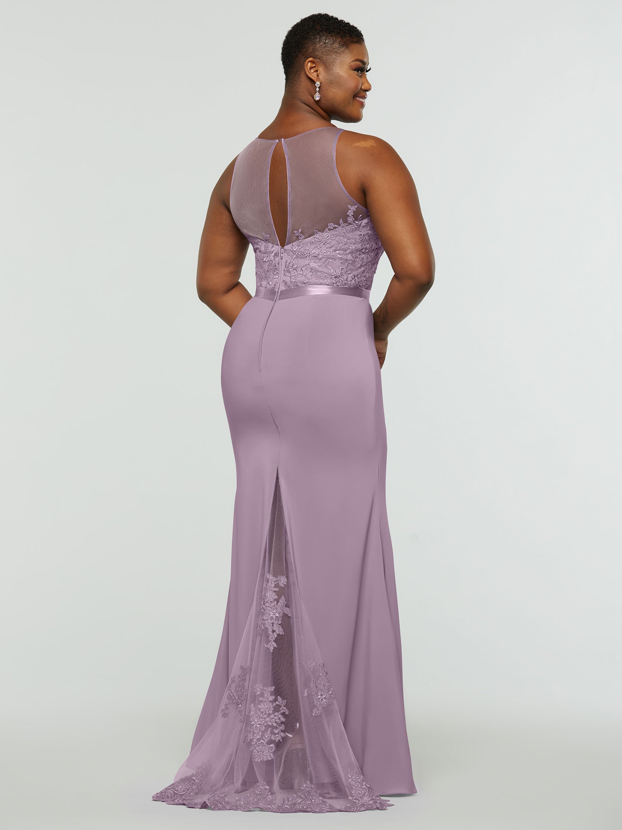 Elegant 80095 Stretch Chiffon Fit and Flare Bridesmaid Dress with Lace Illusion Bodice - Perfect for Weddings, Formal Events & Special Occasions