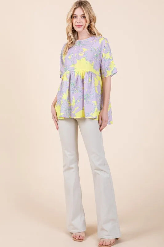 BOMBOM Floral Babydoll Tunic Top for Women - Cute Summer Blouse with Ruffles & Lace Trim - Perfect for Date Night, Beach Cover-Up, and Casual Outfits