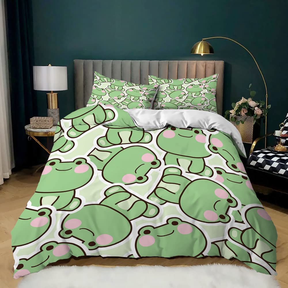 Frog Duvet Cover Set Queen Size - Cartoon Bedding for Kids & Teens - 3 Piece Set for Cozy Bedrooms