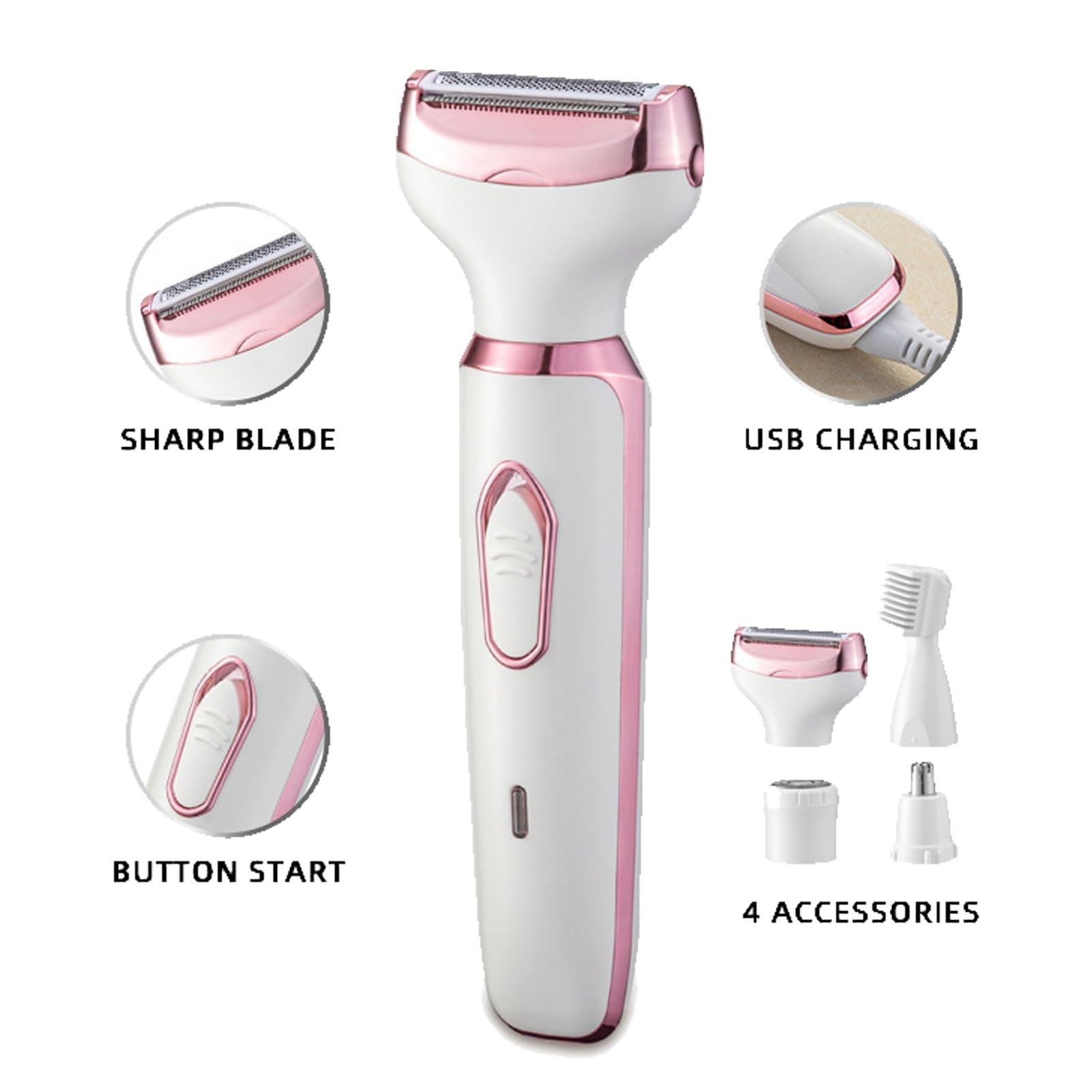 4-in-1 Electric Lady Shaver for Women - Waterproof & Portable Grooming Kit with Gold Razor Heads (3 Pack) | Perfect for Travel, Bikini Line, Legs & Underarms Hair Removal