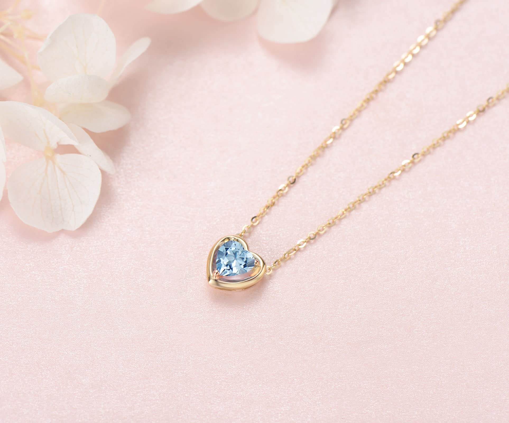 14K Solid Gold Gemstone Necklace - Small Heart Shape Birthstone Solitaire Pendant for Women | 16+2 Inch Adjustable Chain | Fine Jewelry Birthday Gift for Her, Valentine's Day, Anniversary & Special Occasions