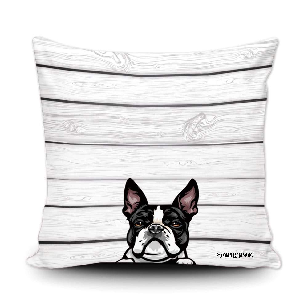 Cute Peeking Boston Terrier Dog Throw Pillow Cover - 16x16 Inch Modern Wooden Background Pillow Case for Sofa, Bed, Couch - Perfect for Home Decor, Living Room & Nursery Accents