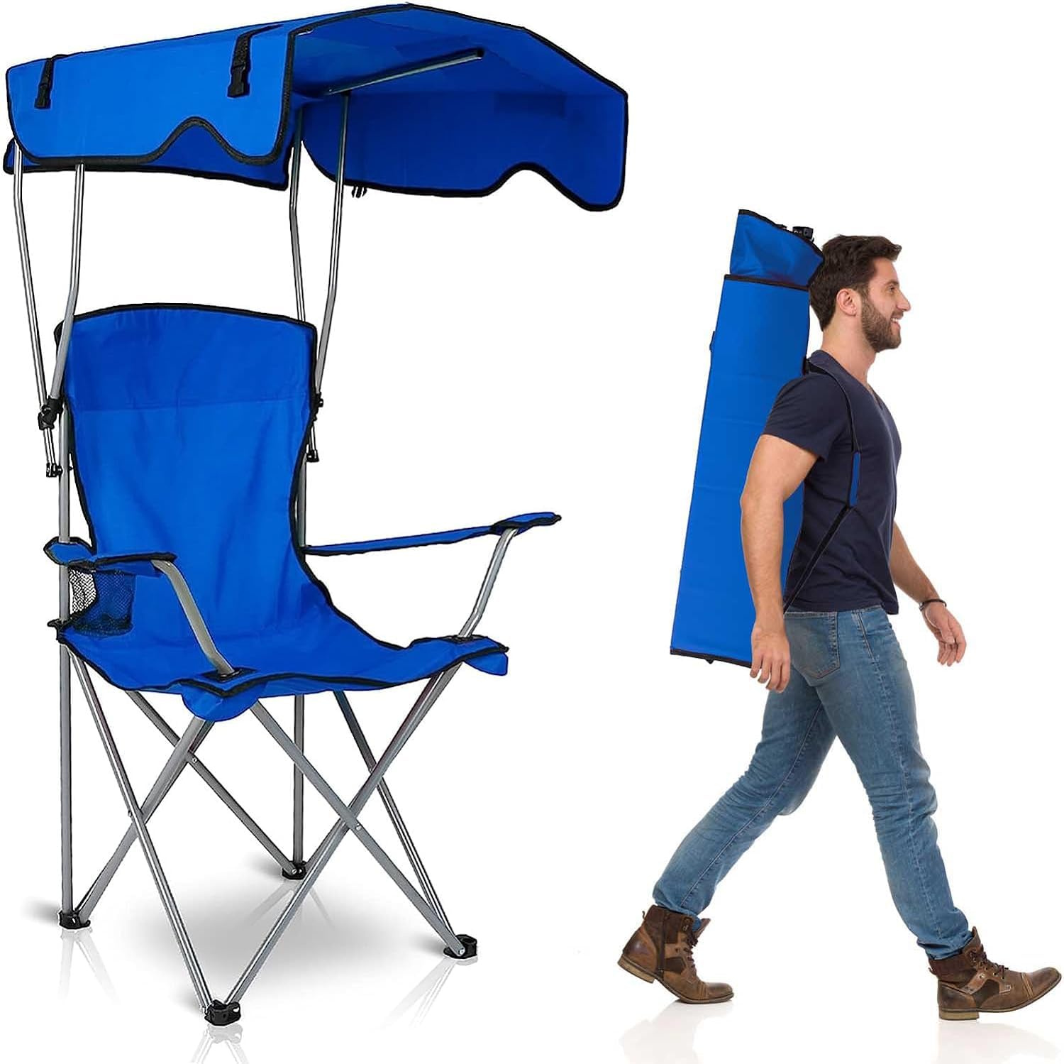 Best Camping Chair with Canopy - Portable Folding Lounge Chair with Adjustable UPF 50+ Sun Shade & Cup Holder - Heavy Duty 350LB Capacity for Camping, Beach, Hiking, Picnics, Backyard Relaxation & Outdoor Sports - U.S Spot