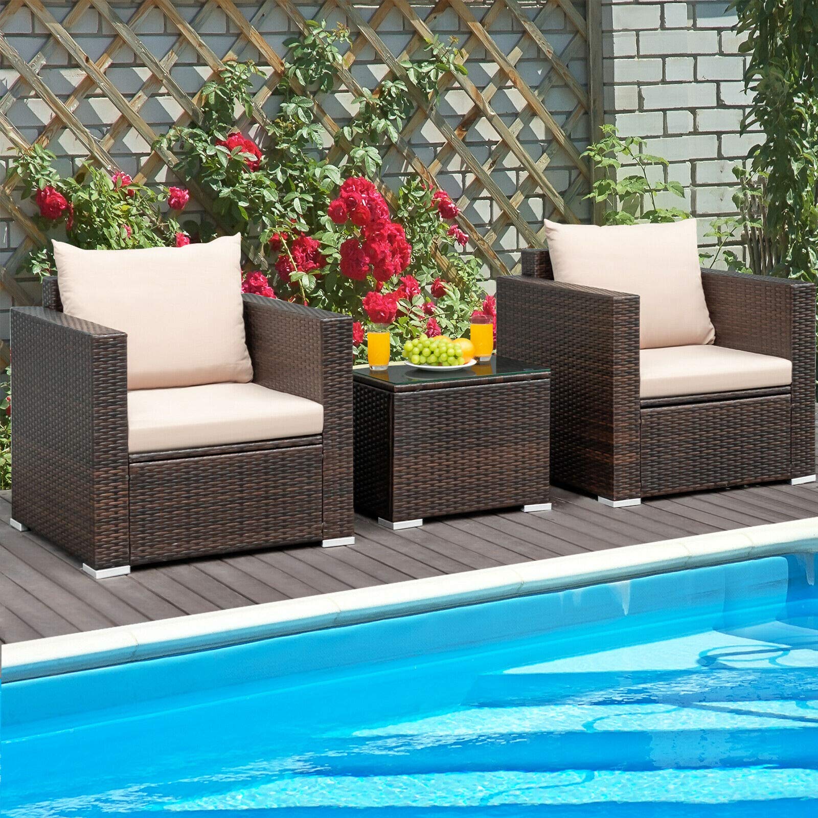 HappyGrill 3-Piece Patio Furniture Set with Coffee Table - Outdoor Rattan Wicker Conversation Sofa Set with Washable Cushions for Garden, Poolside, Backyard & Patio Relaxation