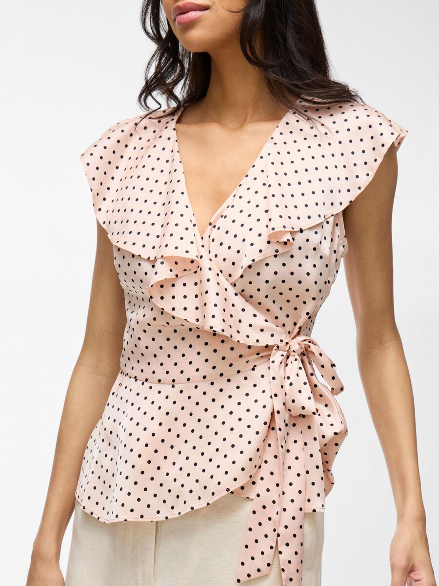 Kimberly Wrap Top Women's Blouse - Peach Whip with Black Polka Dots | Floral Print Wrap Shirt for Casual Wear, Office Outfits & Spring Summer Fashion
