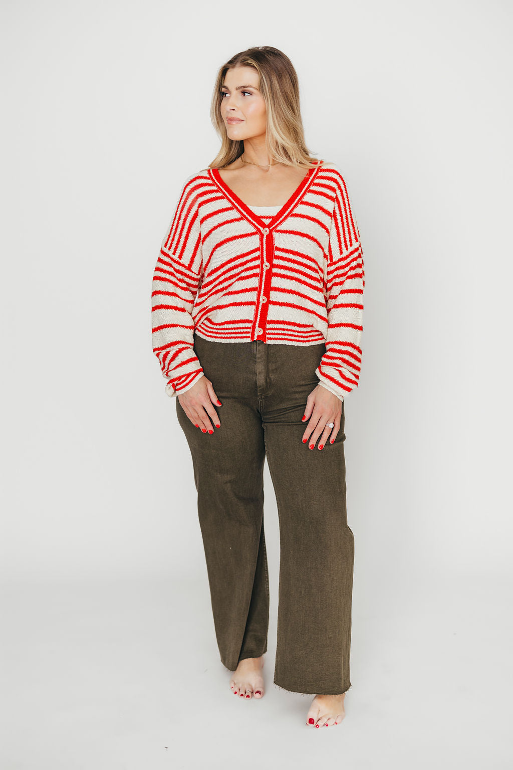 Alder Striped Cardigan and Stripe Tank Top Set - Natural/Red Color Combo | Cozy Fall Outfit for Women | Perfect for Casual Wear, Layering & Autumn Fashion