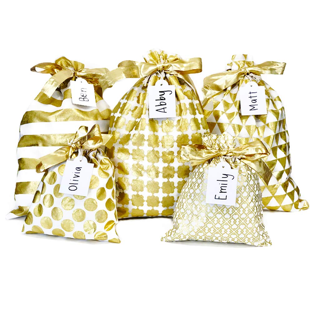 Eco-Friendly Reusable Fabric Gift Bags Set of 5 - 3 Large (12x16 inch) & 2 Small (8x10 inch) - Premium Gold Gift Wrapping for Birthdays, Weddings & Holidays - Sustainable Christmas Present Packaging Alternative