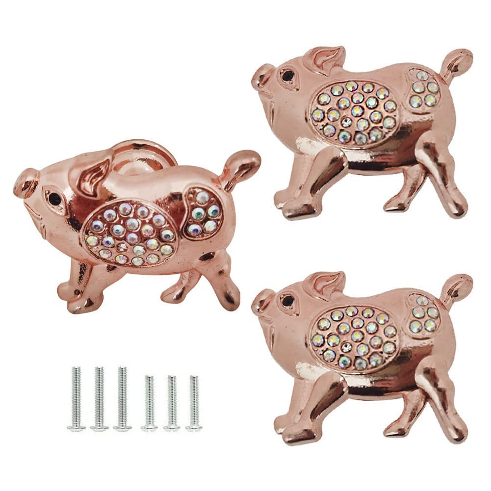 3-Pack Cute Pig Knob Cabinet Handles - Rose Gold Animal Shaped Drawer Pulls for Wardrobes, Closets, Dressers, Kids Room & Kitchen Furniture Decor (Perfect for Nursery, Bedroom & Playroom Organization)