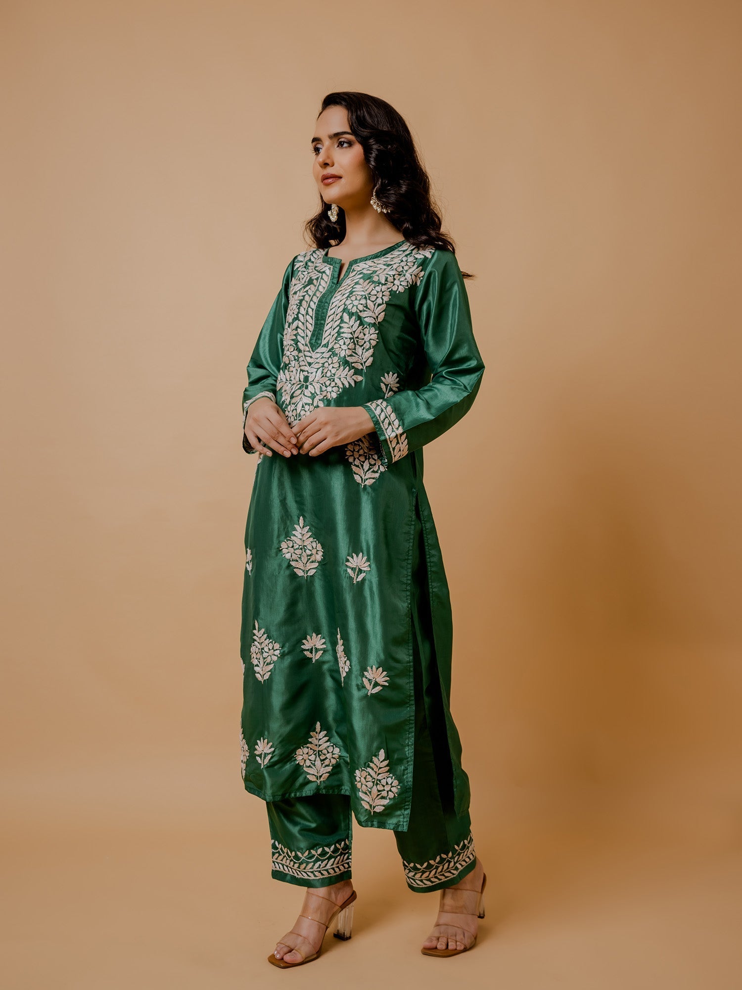 Elegant Urmi Silk Chikankari Kurta Set for Women - Mehndi Green | Perfect for Weddings, Festivals & Special Occasions