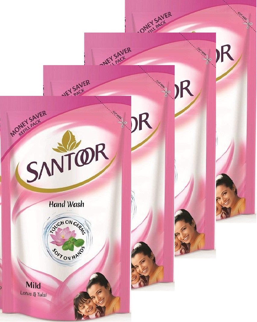 Santoor Mild Hand Wash Refill Pack - 180ml (Buy 3 Get 1 Free) | Gentle Cleansing for Daily Hand Hygiene at Home, Office & Travel