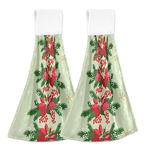 Christmas Poinsettia & Snowflake Hanging Kitchen Towels 2 Pack - Soft Microfiber Coral Velvet Hand Towels with Loop for Bathroom, Oven, and Kitchen - Absorbent Washcloths for Holiday Decor & Daily Use