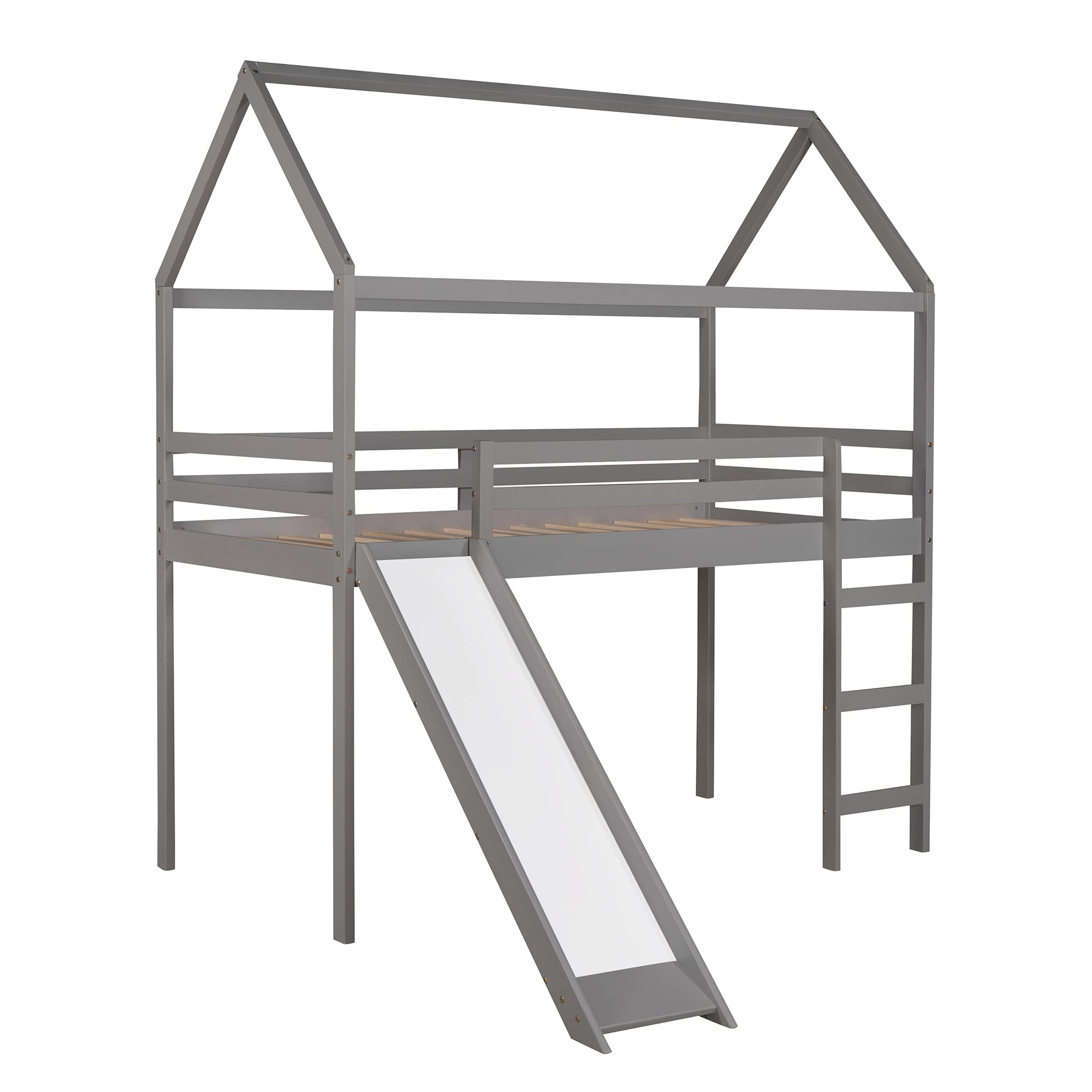 Bellemave Twin Loft Bed with Slide - Kids Wooden House Bed with Ladder & Guardrails - Space-Saving Grey Loft Bed for Small Rooms - Perfect for Kids' Bedroom, Playroom or Dormitory