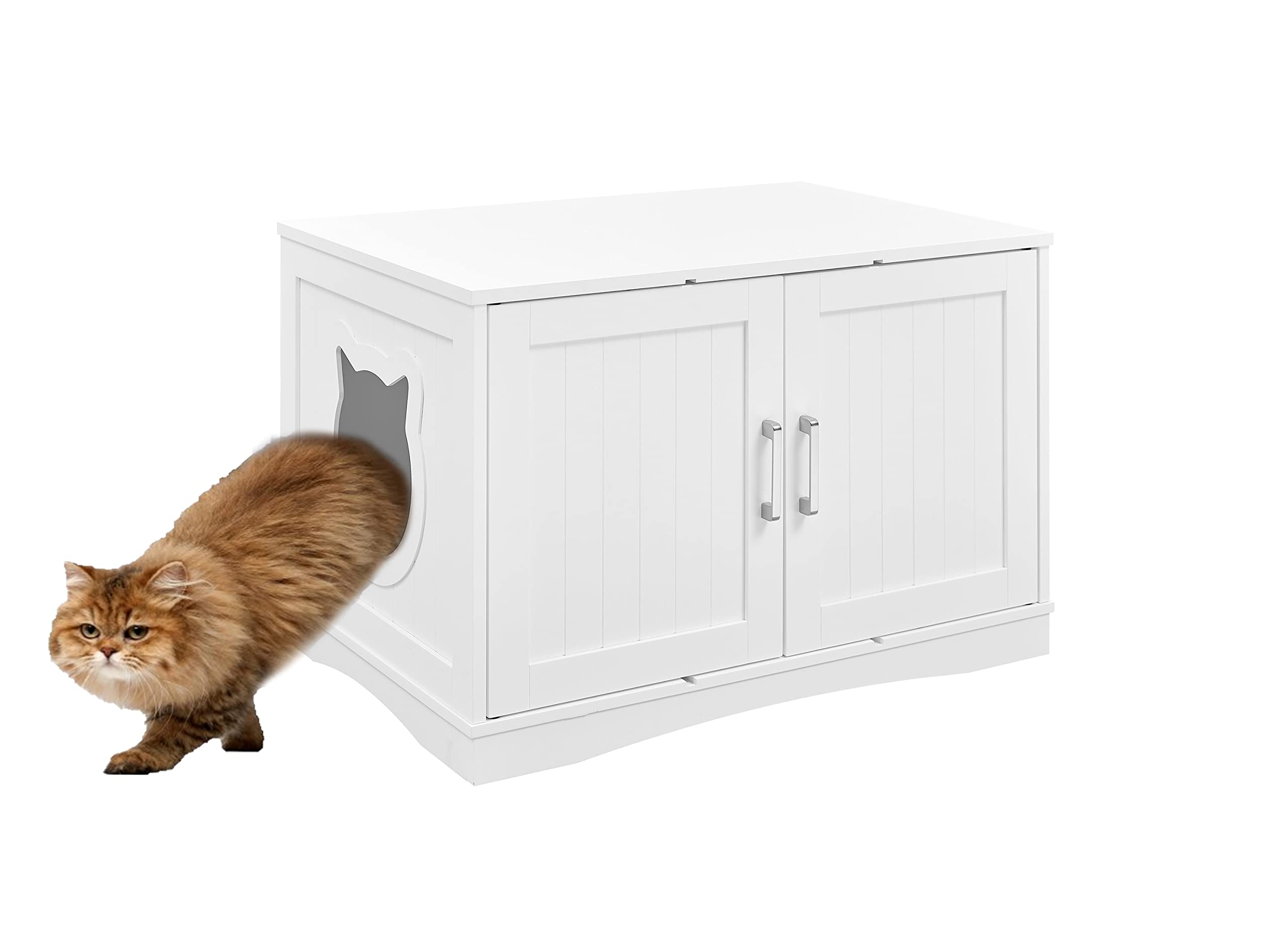 Stylish Cat Washroom Storage Bench - Litter Box Enclosure Furniture with Table | Spacious Hidden Storage | Easy to Assemble | Fits Most Litter Boxes | Modern White Design | Perfect for Small Spaces & Home Decor