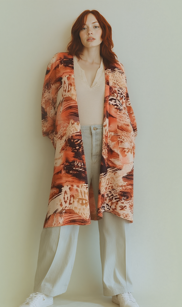 Abstract Brown Printed Linen Look Kimono - Lightweight Cover Up for Women - Perfect for Beach, Pool, Summer Outfits & Boho Fashion