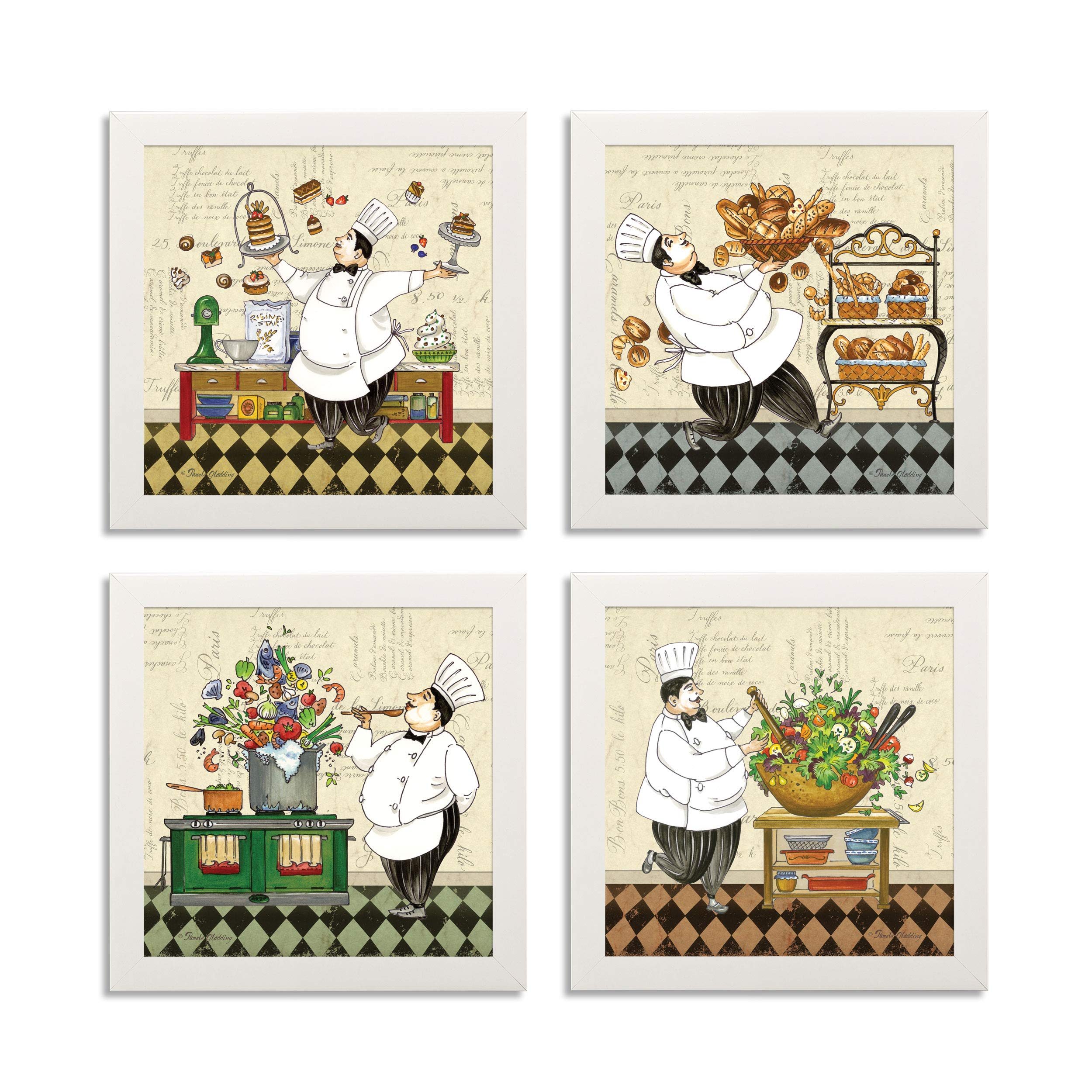 Vintage Chef Art Prints Set of 4 - 12x12 Inch White Framed Kitchen Decor for Soup, Salad, Pastry & Bread - Ready to Hang Wall Art - Perfect for Home Kitchen, Restaurant or Cafe Decor