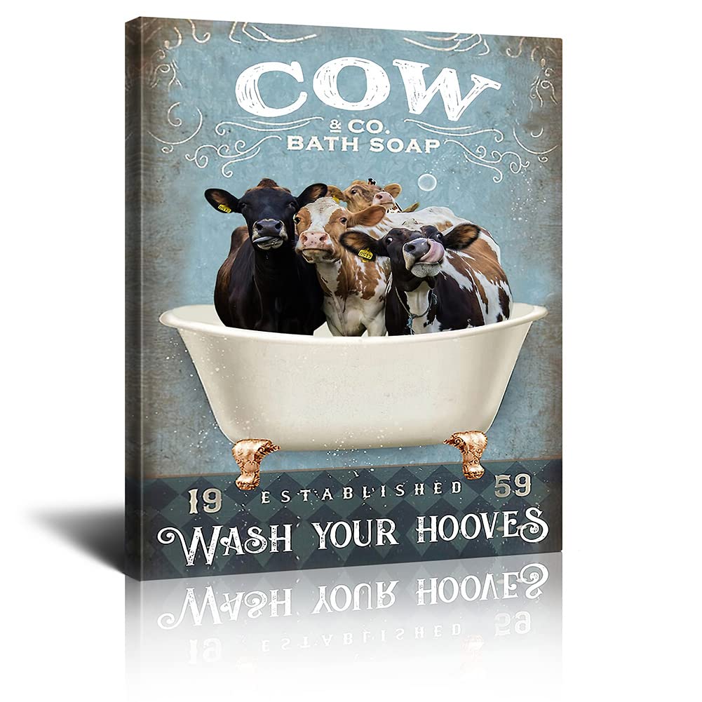Farmhouse Cow Bathroom Wall Art - 12x16 Inch Ready to Hang Decor for Bath & Tub