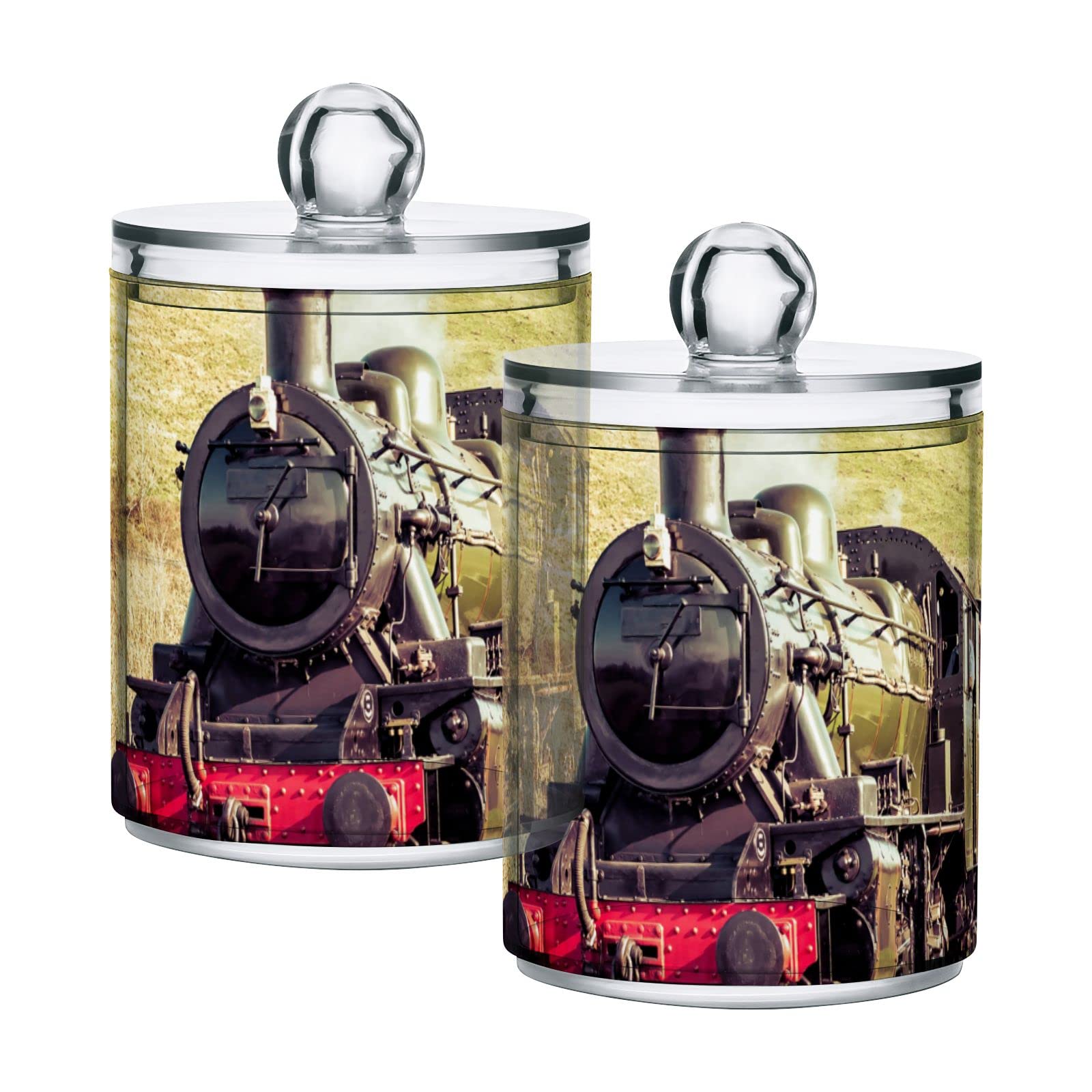 Vintage Steam Locomotive Train Design 4-Piece Plastic Storage Jars with Lids - 10oz Translucent Food Containers for Tea, Cookies, Cotton Swabs | Airtight Kitchen & Bathroom Organization for Spices, Snacks, Beauty Supplies