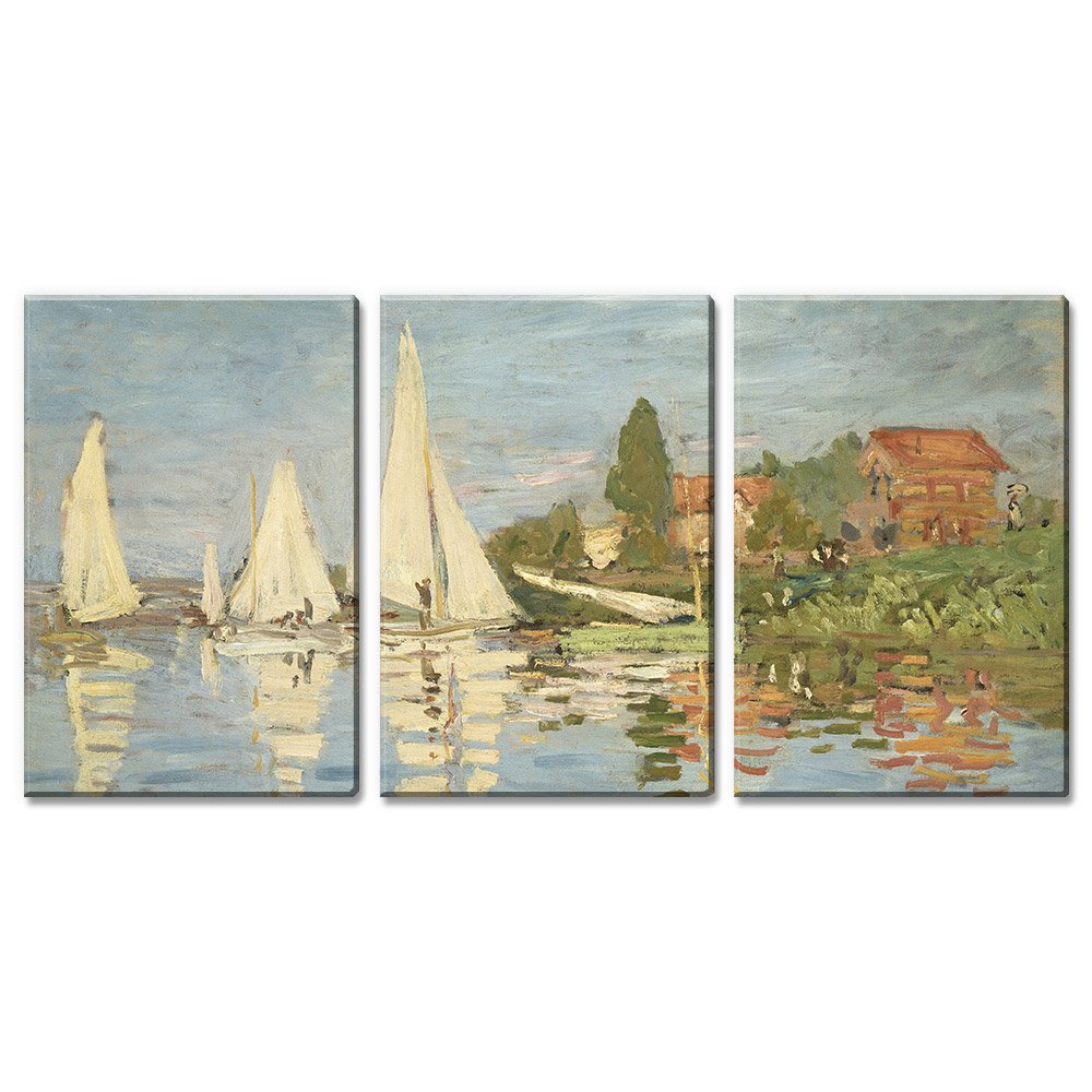 Claude Monet Regattas at Argenteuil 3-Panel Canvas Wall Art - 24x36 Inch Giclee Print Gallery Wrap Modern Home Decor - Perfect for Living Room, Bedroom & Office Decoration