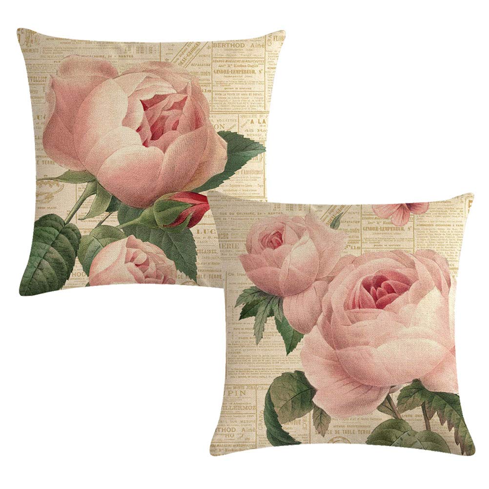 7COLORROOM Vintage Shabby Chic Rose Floral Pillow Cover Set of 2 - 18x18 Inch Square Cotton Linen Cushion Covers for Sofa, Bedroom, Car Decor - Romantic Peach Pink Rose Design (Perfect for Farmhouse, Boho Home Decor & Wedding Gifts)