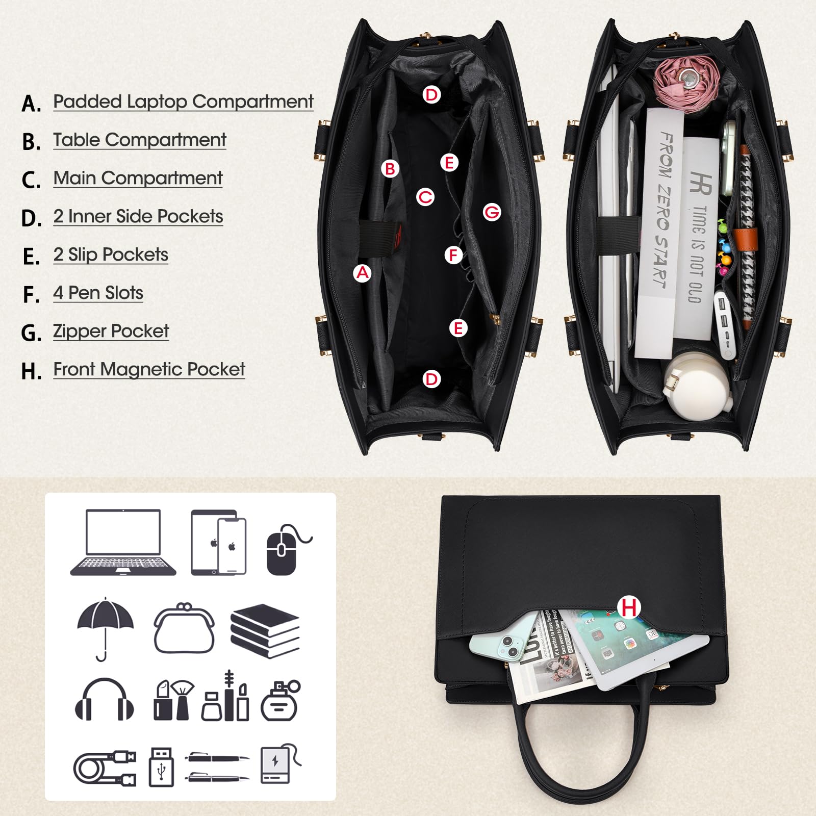 Stylish 15.6 Inch Leather Laptop Tote Bag for Women - Waterproof Professional Work Bag & Business Briefcase with Large Capacity - Perfect for Office, Commuting, and Business Travel