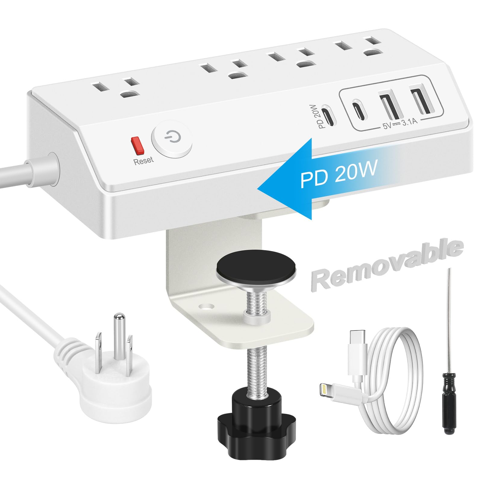 20W PD USB C Desk Clamp Power Strip with Surge Protection - 4 Outlets & 4 USB Ports Charging Station - Multi Plug Edge Mount Power Hub for Home Office, Gaming Setup & Workspace Accessories