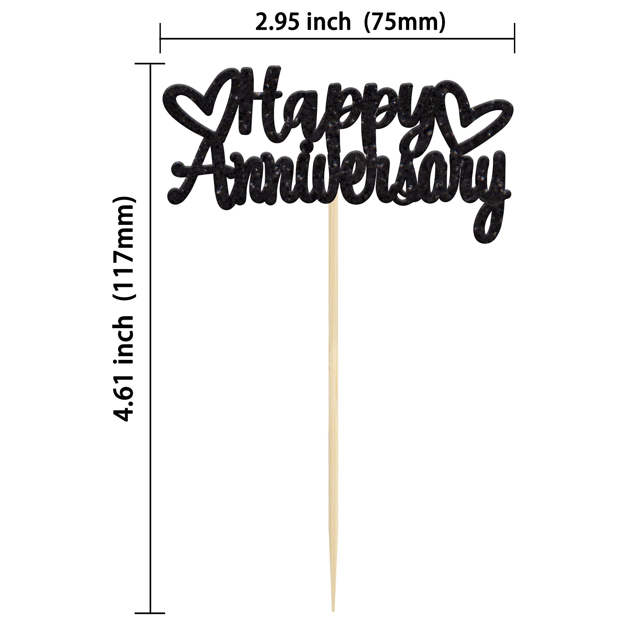 24 Pack Happy Anniversary Cupcake Toppers - Black Glitter Cake Decorations for Wedding, Anniversary & Celebration Parties - Elegant Party Supplies for Special Occasions