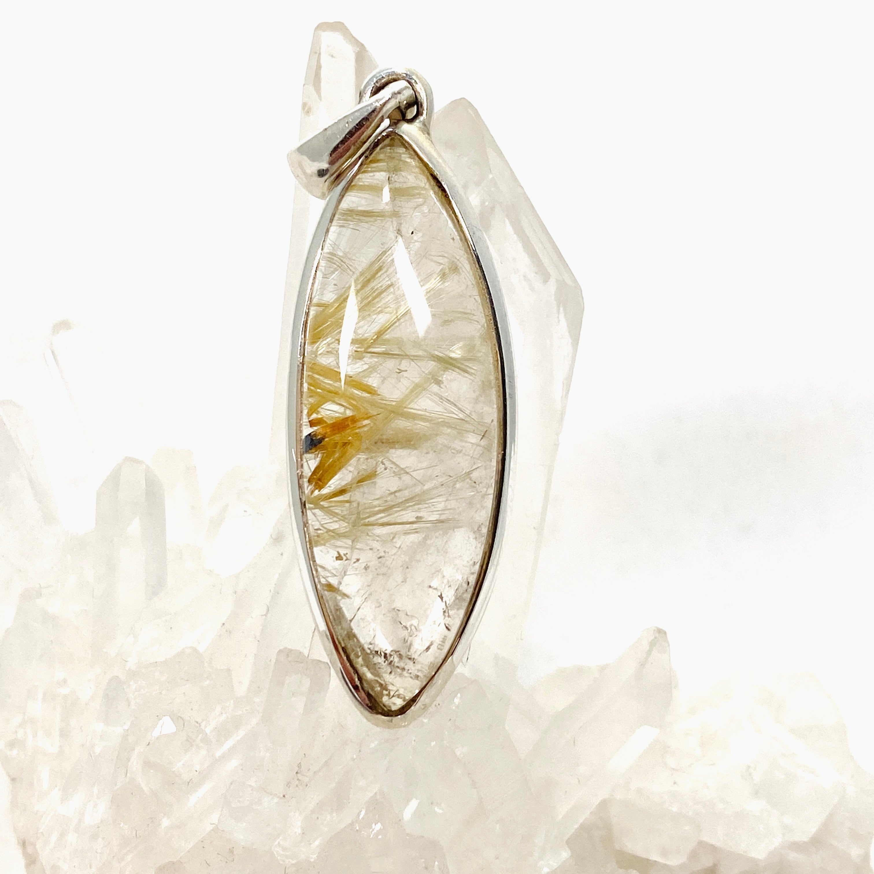 Natural Rutilated Quartz Marquise Cabochon Pendant Necklace - Handmade Jewelry for Women, Spiritual Healing & Energy Balance - Perfect for Meditation, Yoga & Gift Giving