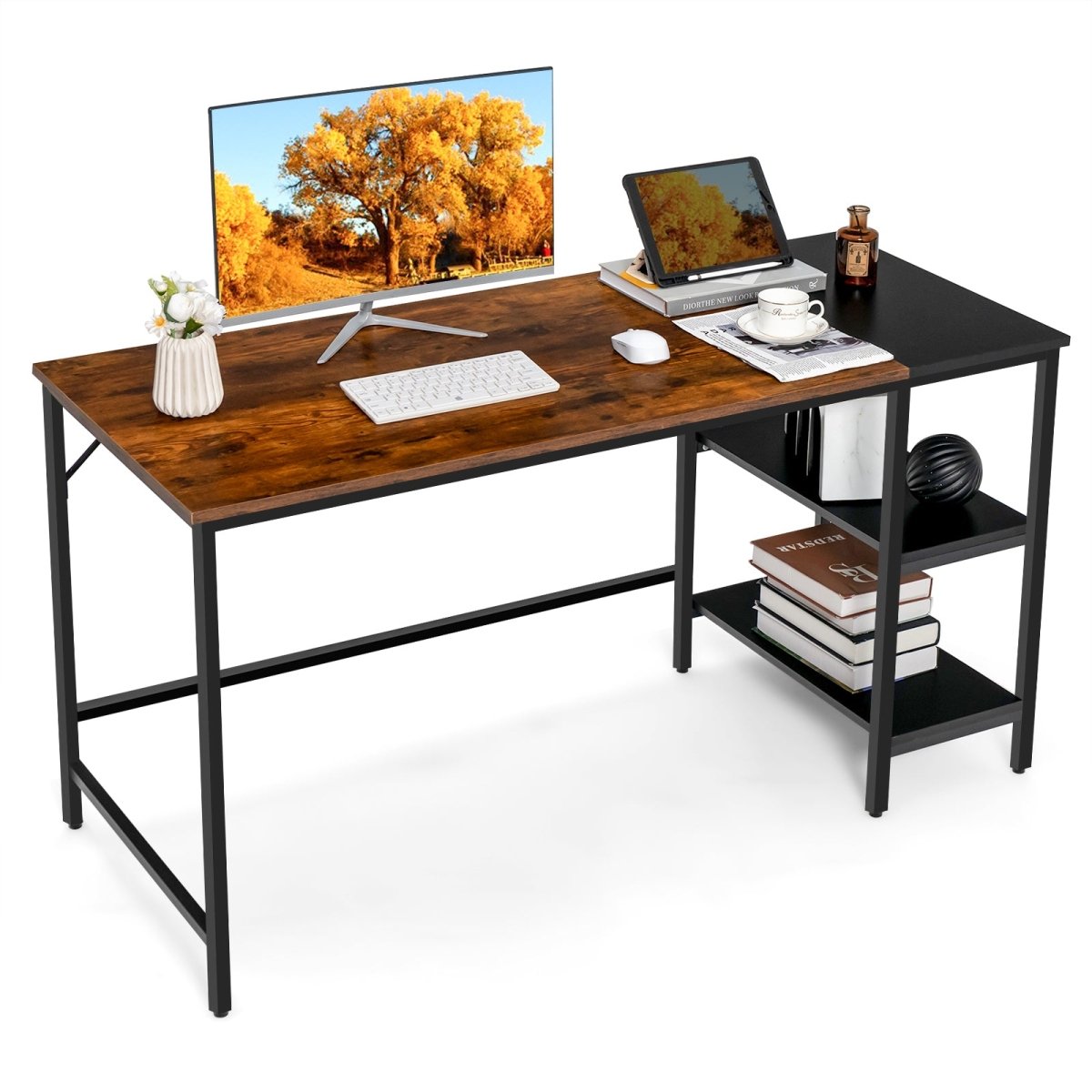 1.4m Vintage Oak Computer Desk with Storage Shelf - Study, Home Office Workstation for Students & Professionals | Durable Writing Table for Small Spaces & Modern Workspaces