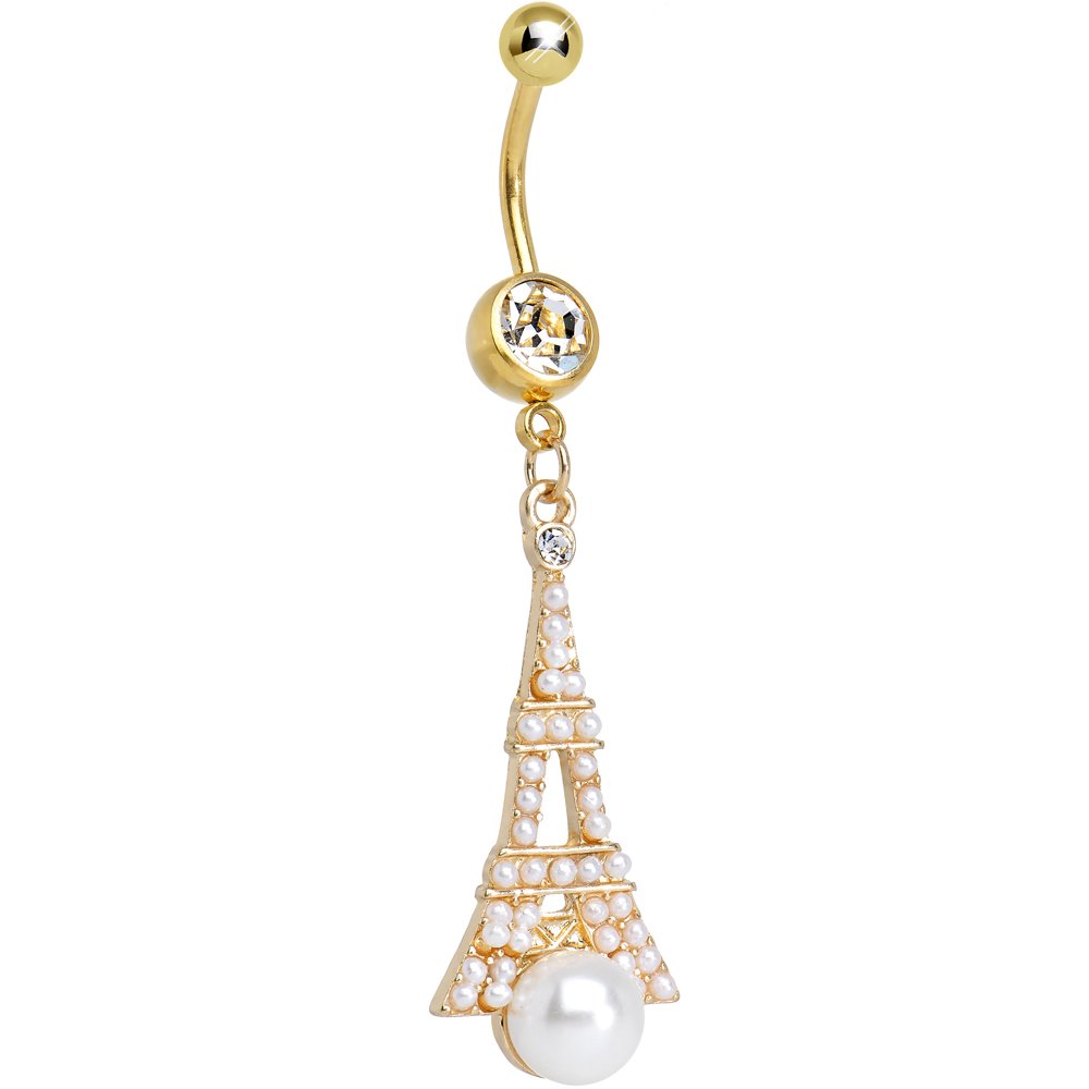 Body Candy Clear Ornate Eiffel Tower Dangle Belly Ring - Elegant Navel Piercing Jewelry for Women, Perfect for Parties, Vacations & Everyday Wear