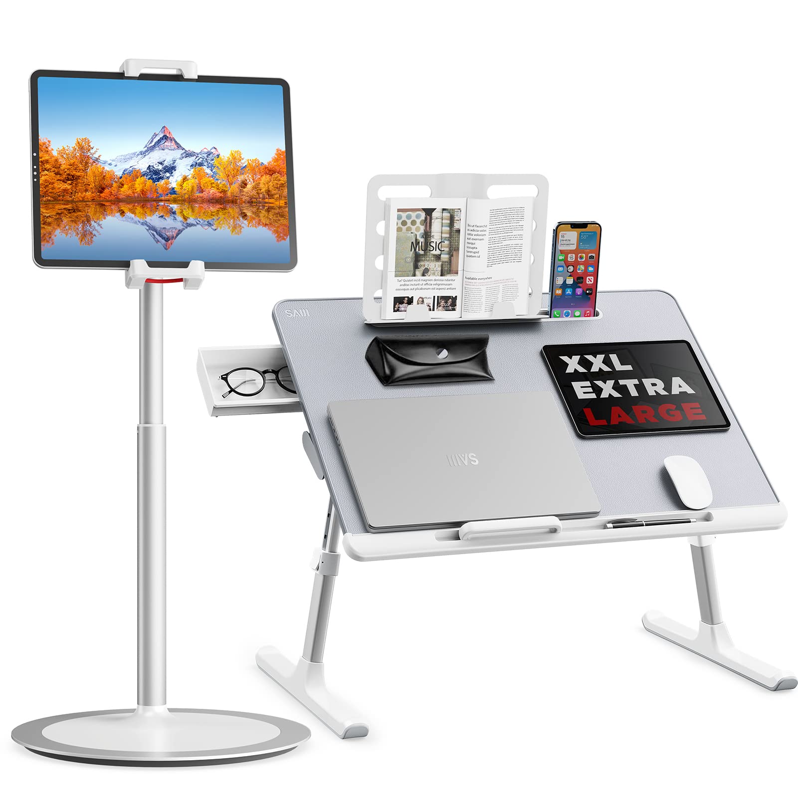SAIJI Adjustable Laptop Stand for Bed - Foldable Laptop Table with Tablet & Phone Holder (Gray X-Large, Silver) - Perfect for Working, Reading & Watching Movies in Bed or on the Couch