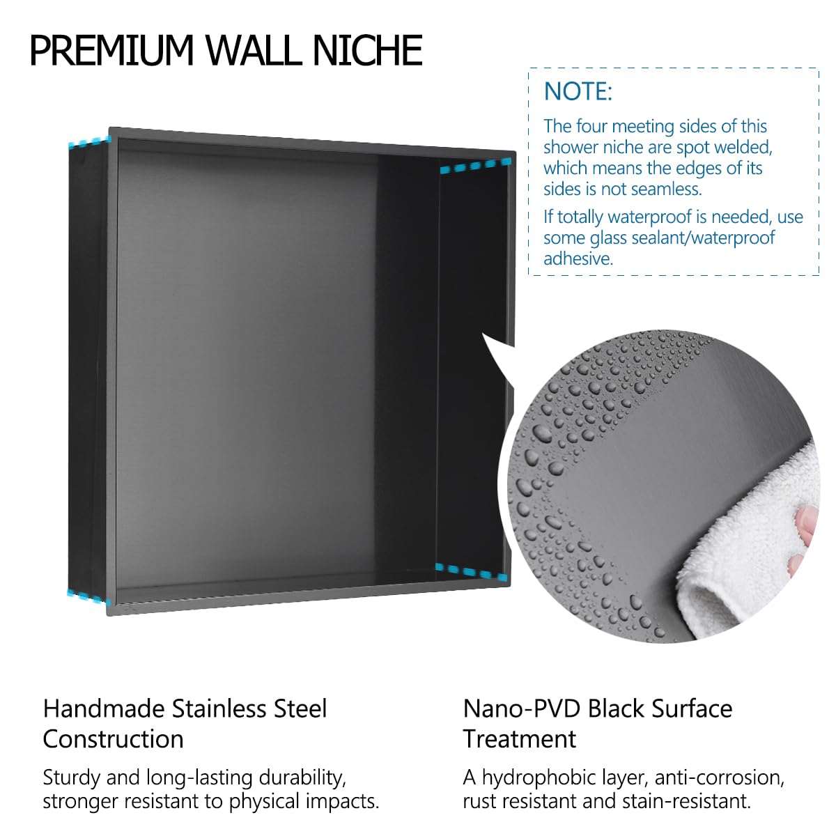 Luckyhorse 16x16 Inch Black Stainless Steel Shower Niche - Waterproof Wall-Mounted Bathroom Recessed Shelf for Shampoo, Soap & Towel Storage | Modern Rectangular Shower Organizer for Showers, Bathtubs & Spa Areas | Rustproof & Easy to Clean Bathroom Storage Solution