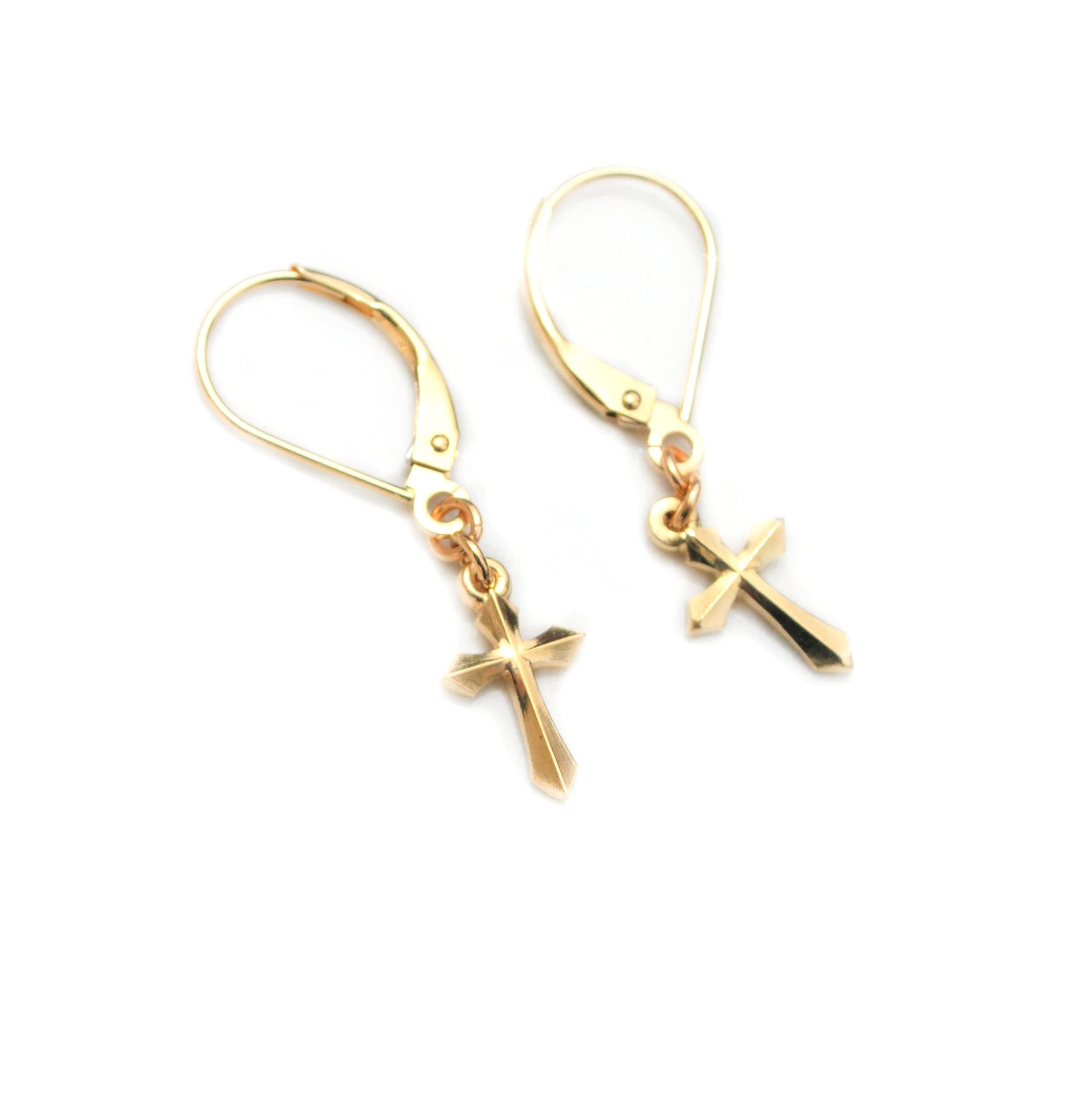 14K Gold Small Dangle Cross Earrings for Men & Women – Handmade in USA – Solid 14K Yellow Gold Pair (2 Earrings) – Perfect for Everyday Wear, Gifts & Religious Occasions