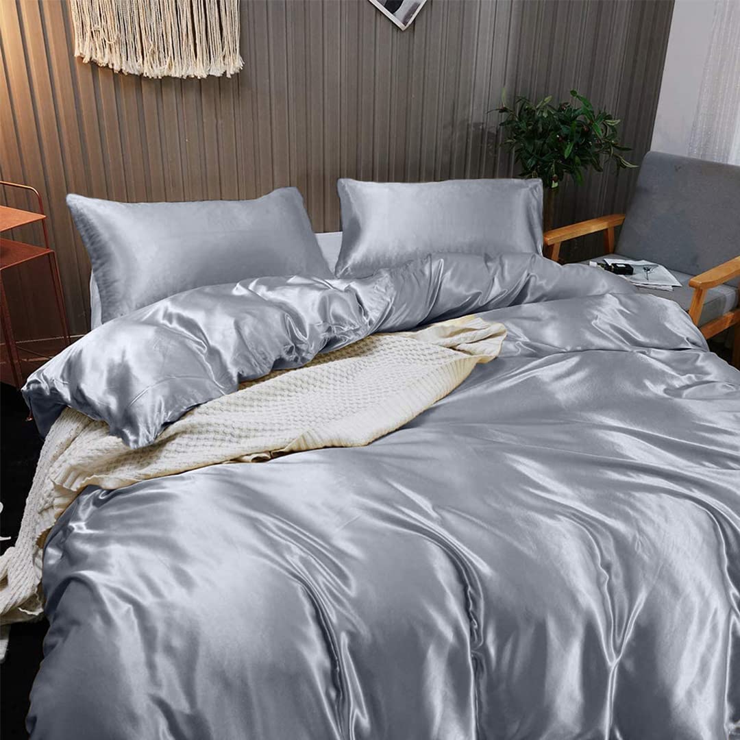 Queen Silk Satin Duvet Set 4pc - Silver Grey for Luxury Bedroom