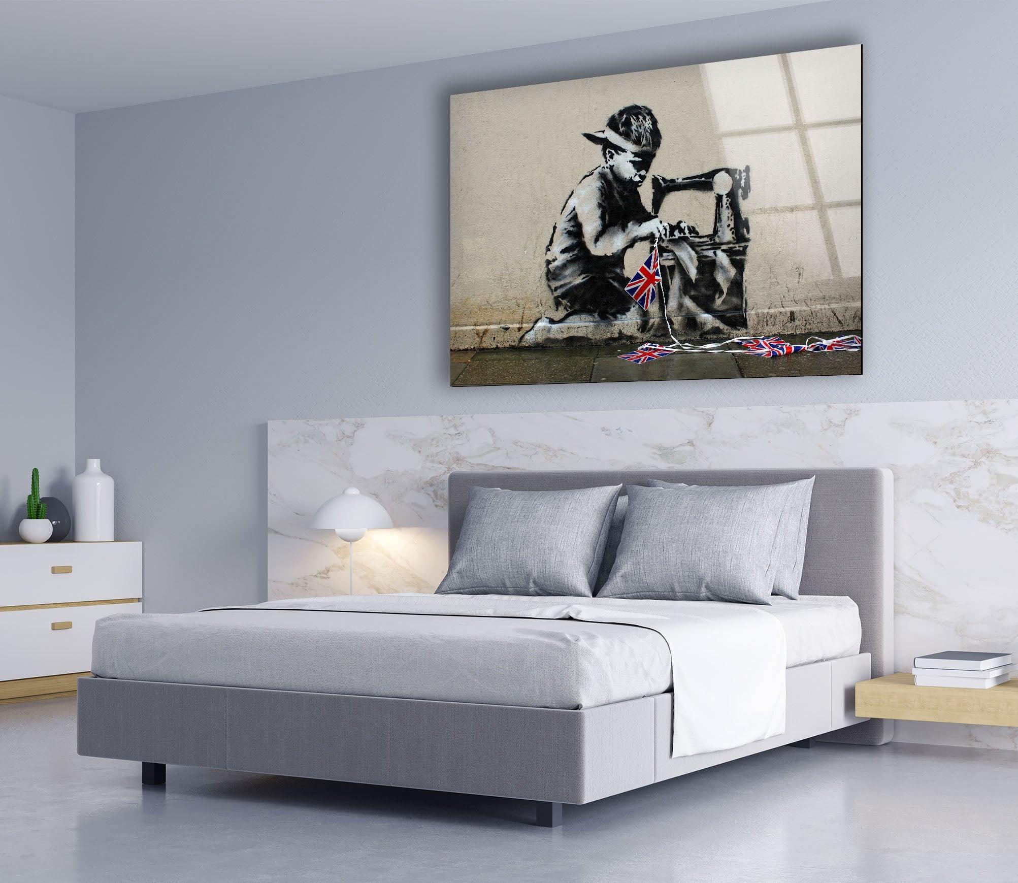 Banksy UK Flag Glass Wall Art - Modern British Street Art Decor for Living Room, Office & Gifts