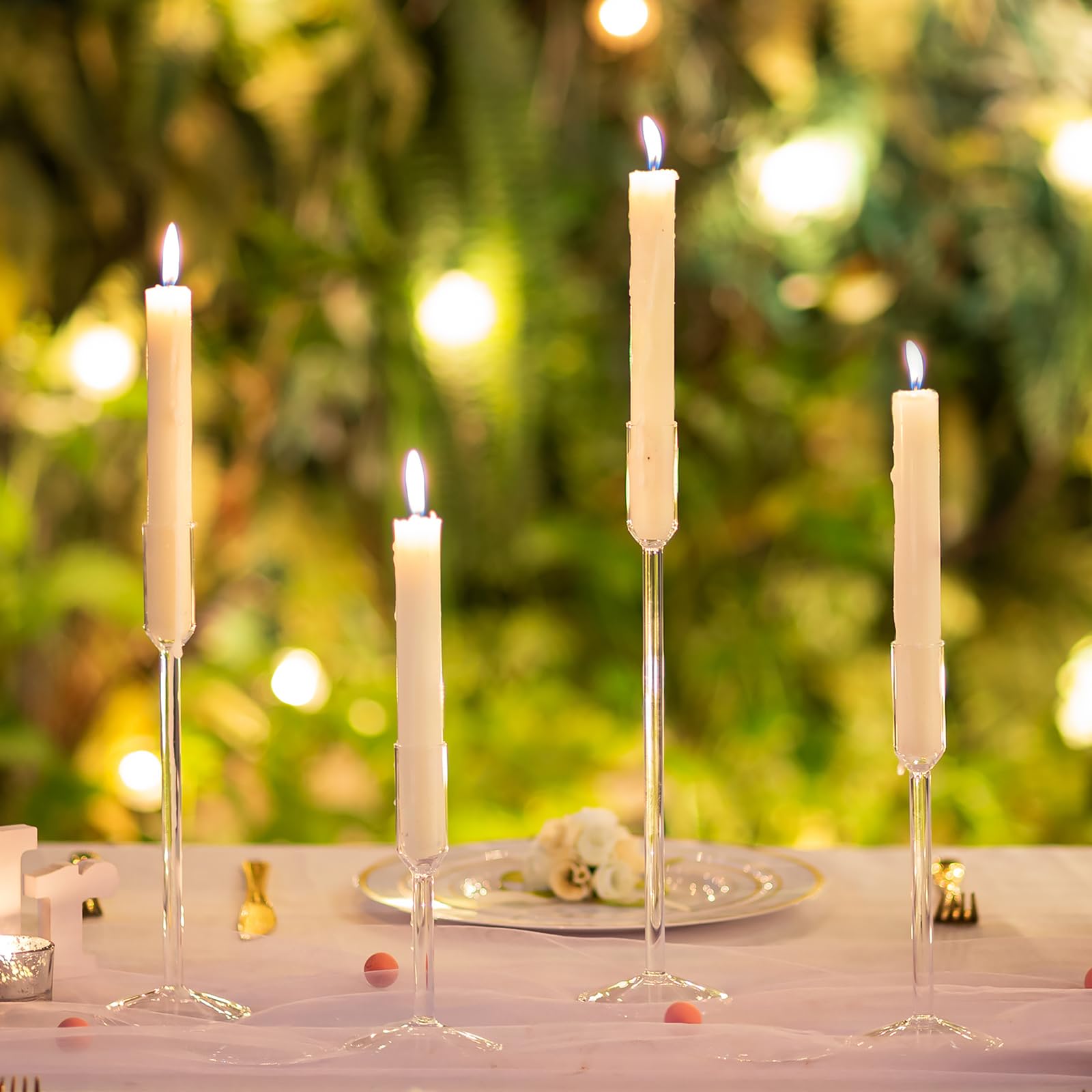 Hewory 4Pcs Clear Glass Taper Candlestick Holders - Tall Candle Holders for Dinner Table, Wedding, Christmas & Holiday Decor - Elegant Centerpiece for Home, Party & Special Occasions