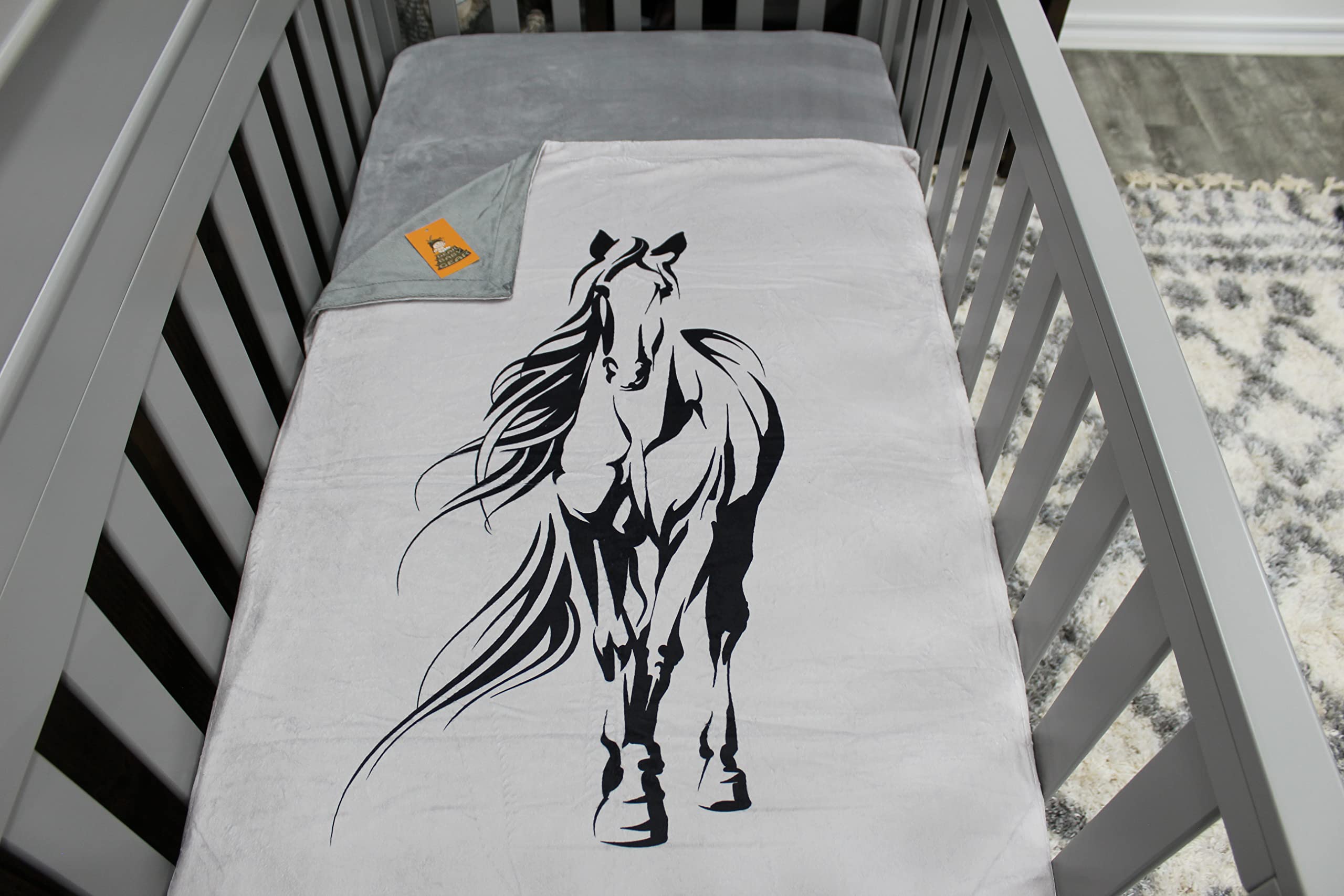 Premium Double Layer Baby Blanket for Newborns & Toddlers - Gender Neutral Nursery Blanket for Boys & Girls - Soft Faux Quilt Design with Black Horse on Gray Print - 40x30 Inches - Perfect for Crib, Stroller, Swaddle & Gift Giving