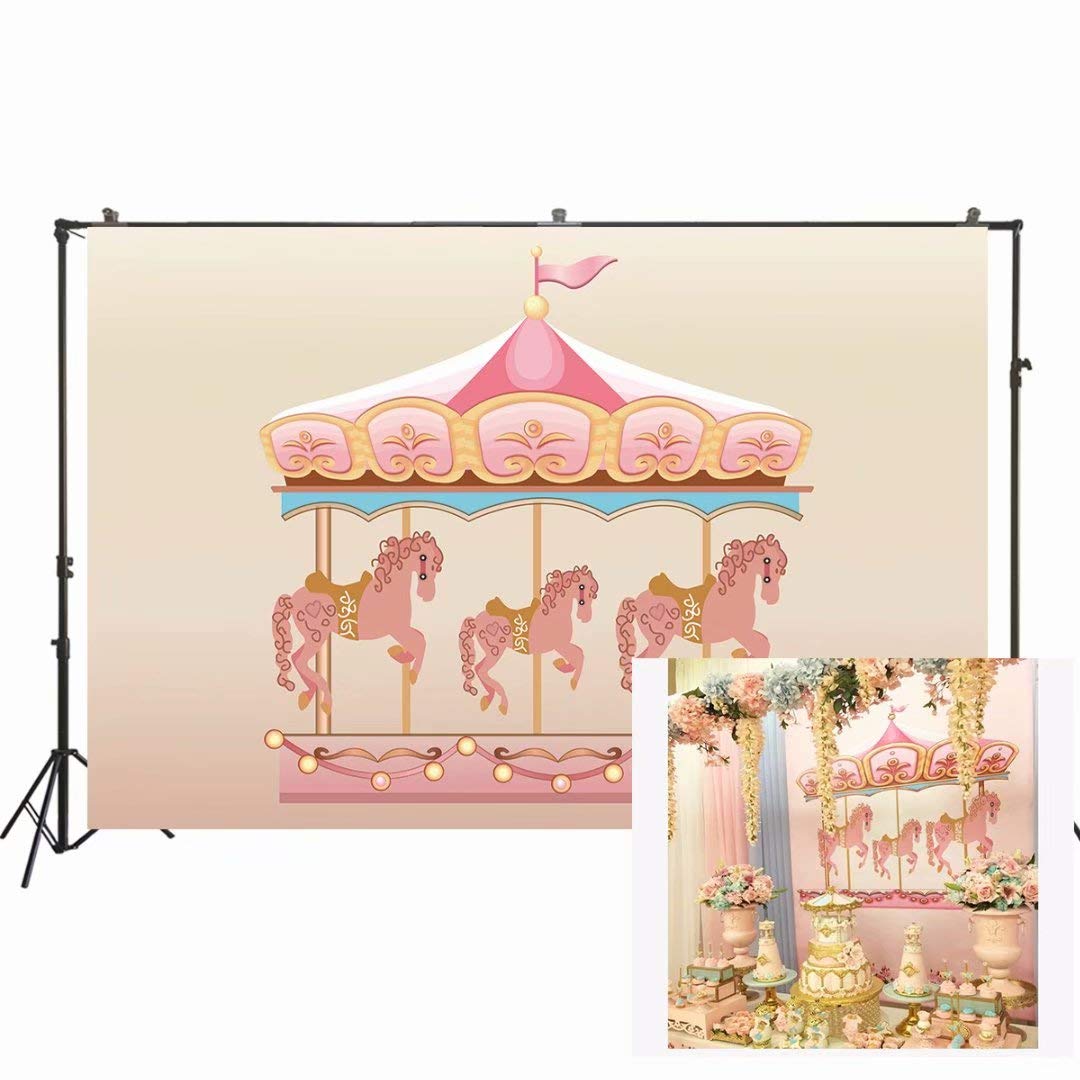 7x5ft Pink Carousel Backdrop for Baby Shower & Girls Birthday Party - Premium Photography Background for Photo Booth, Cake Smash, First Birthday, and Social Media Photos - W-2260