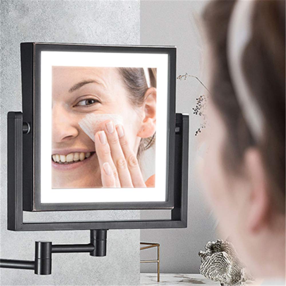 Wall Mounted Makeup Mirror with LED Lights - 3X Magnification Square Double-Sided Vanity Mirror - 360° Rotation & Extendable - Black Finish for Bathroom, Spa, Hotel - Perfect for Makeup Application, Shaving & Skincare Routines