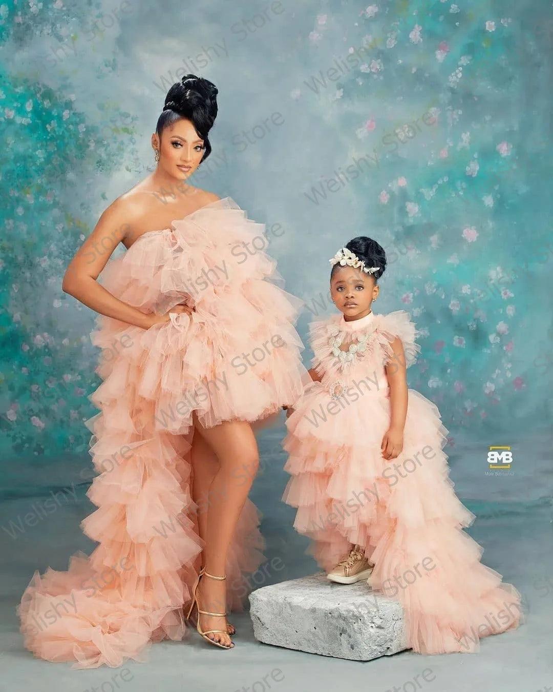 Puffy Hi-Low Tulle Dresses for Mother and Daughter - Matching Outfits for Family Photoshoots, Birthday Parties & Special Occasions