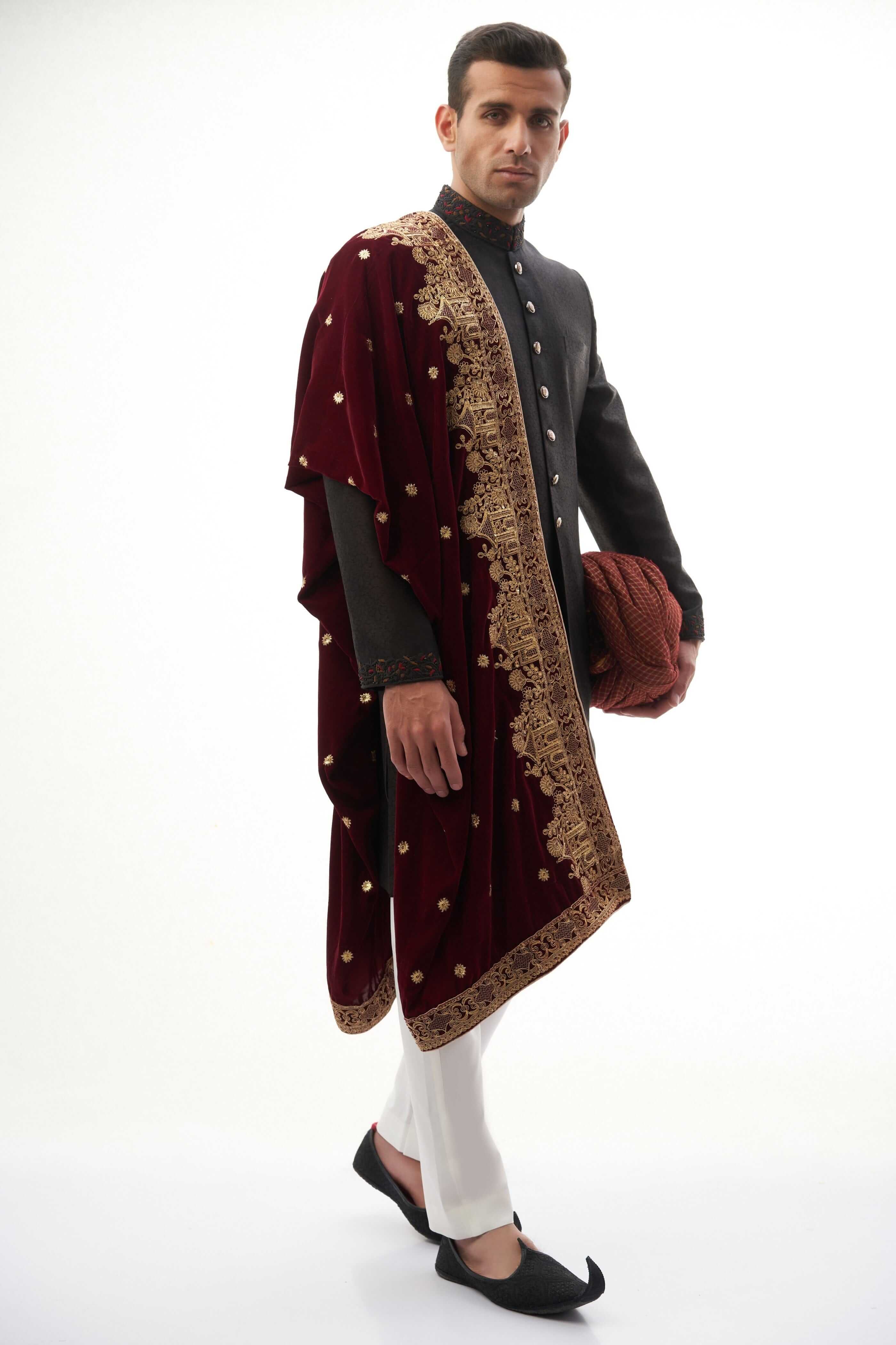 Elegant Jet Black Brocade Silk Sherwani for Men | Traditional Indian Wedding Attire | Perfect for Grooms, Festivals & Special Occasions