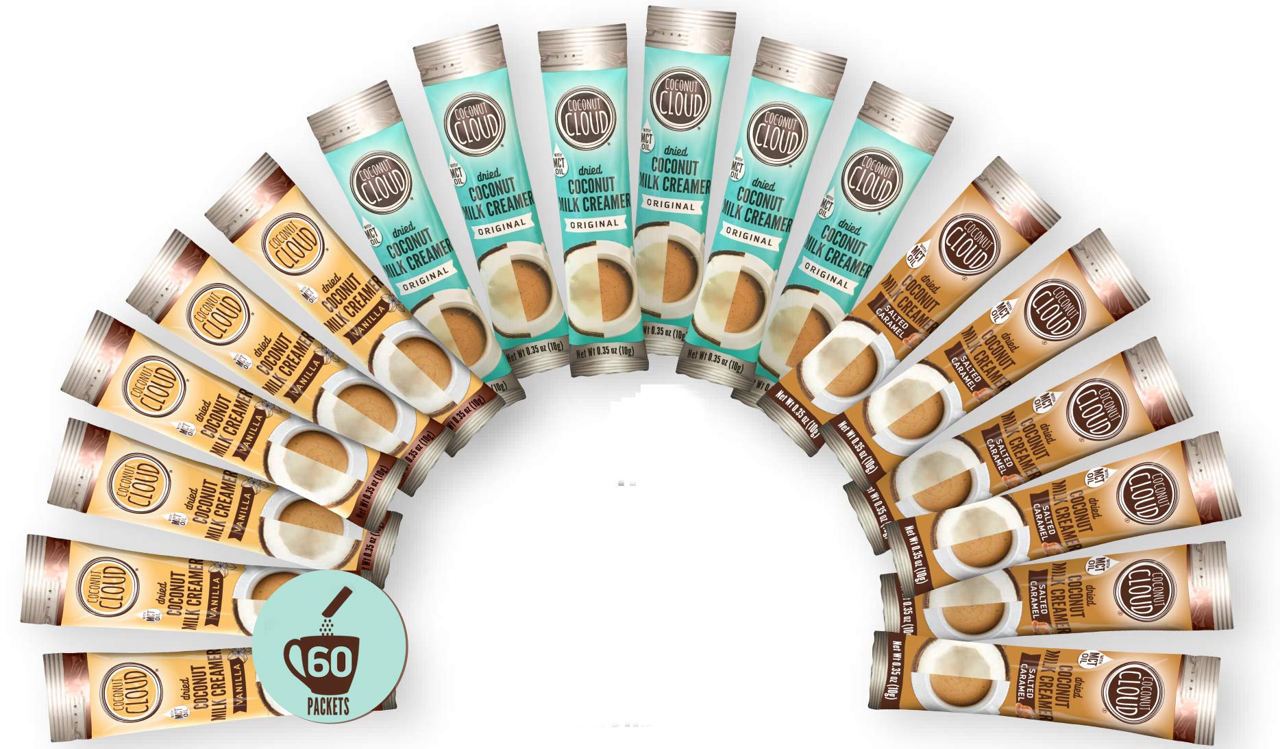 Vegan Coconut Milk Coffee Creamer Powder with MCT Oil - Dairy Free, Non-GMO | 60 Single Serve Sticks (Original, Vanilla & Salted Caramel) | Perfect for Keto, Paleo Diets & Office Coffee Breaks