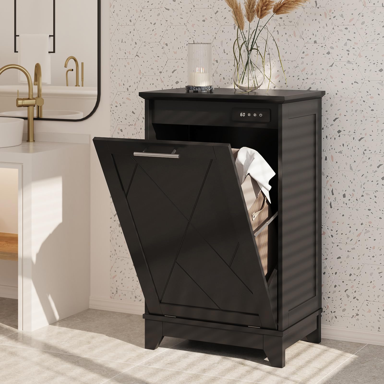 10-13 Gallon Free Standing Tilt Out Trash Cabinet with Negative Ion Deodorizer - Recycling Bin Storage for Kitchen & Living Room - Odor Control & Space Saving Solution for Home Waste Management