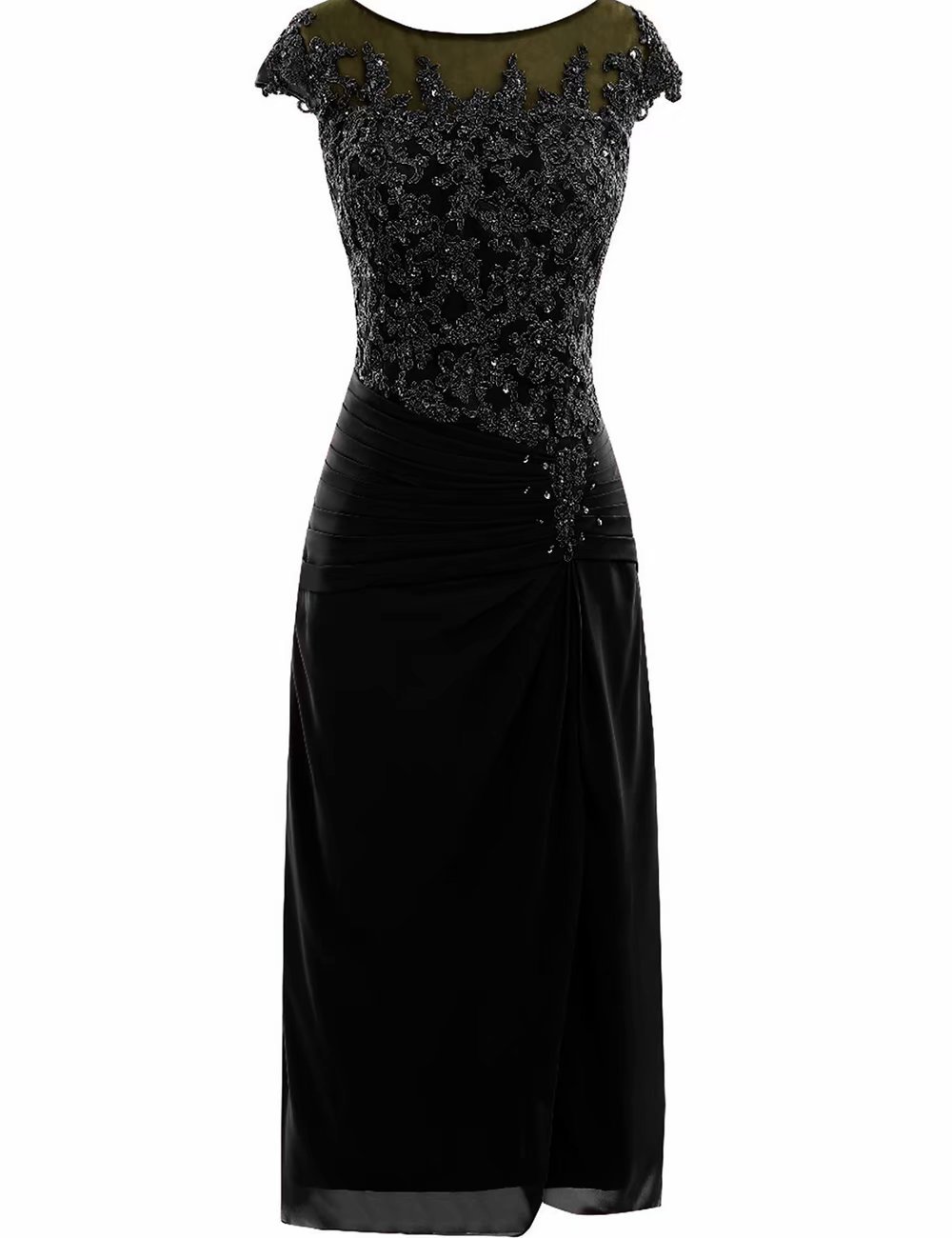Elegant Tea Length Mother of the Bride Dress - Chiffon Formal Gown with Pleats & Appliques for Wedding Evening Events | Perfect for Rehearsal Dinners, Ceremonies & Special Occasions