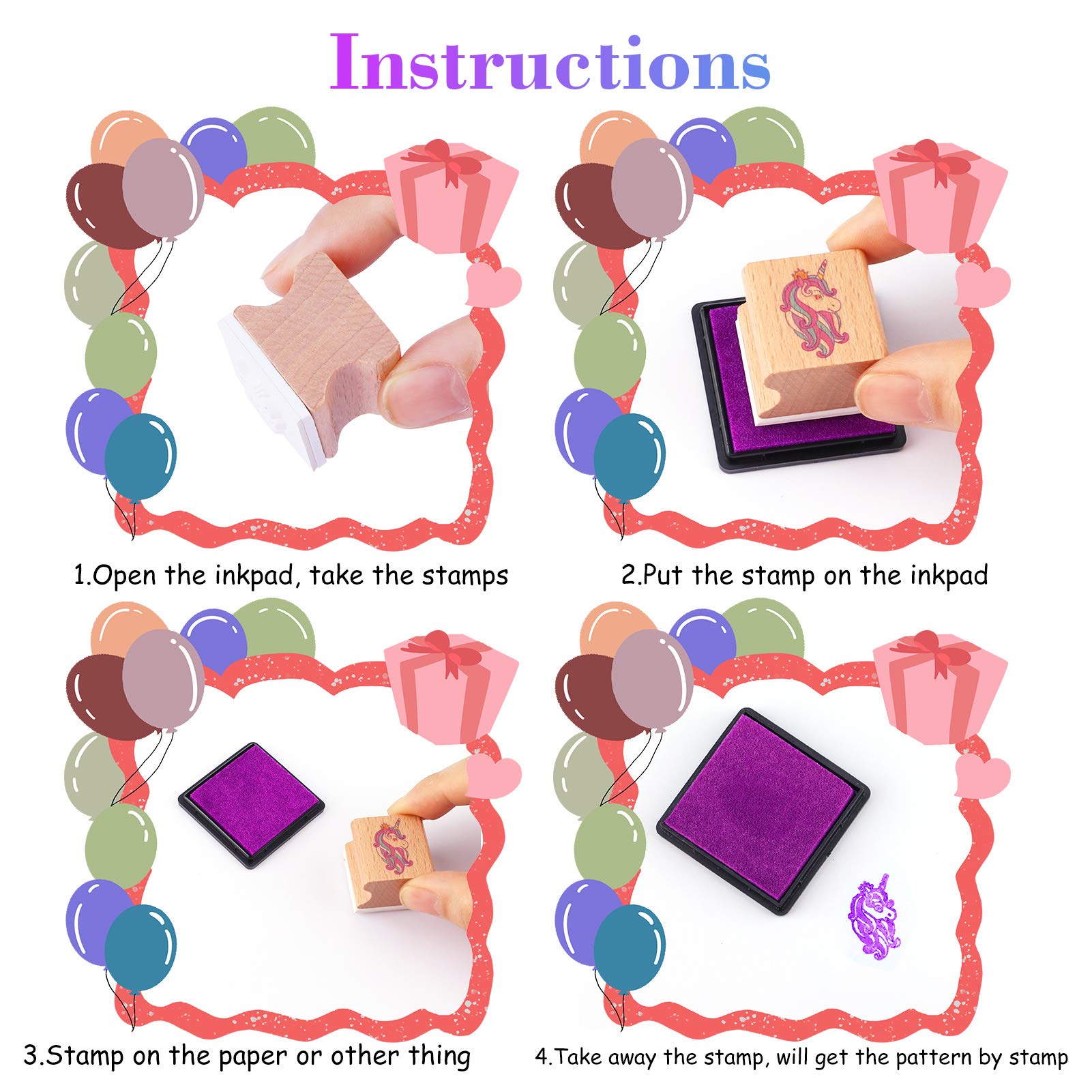 16pcs Kids Wooden Stamps with Ink Pad - Unicorn Mermaid Princess Crafts for DIY Cards & Scrapbooking | Perfect Party Favors & Gifts